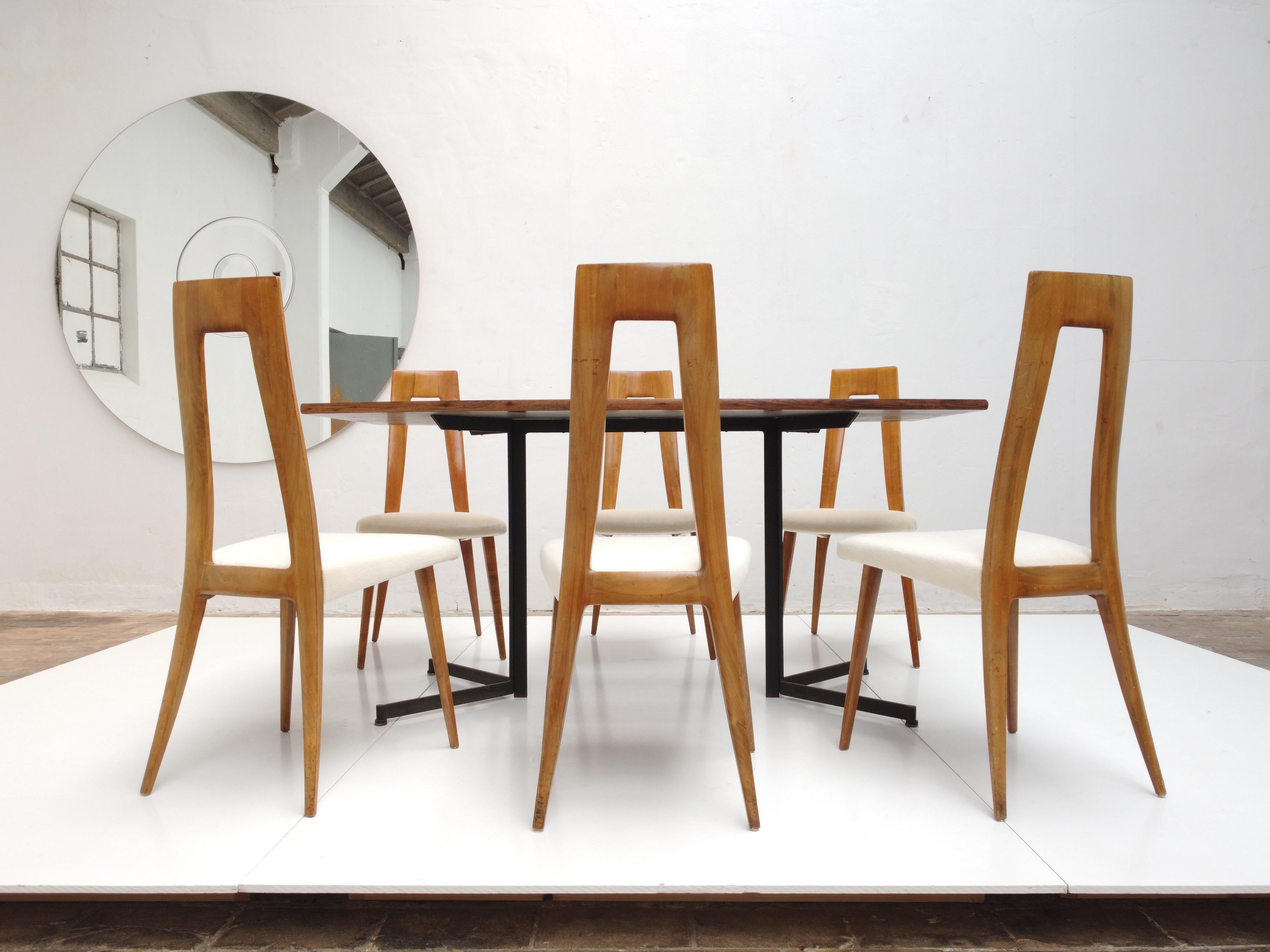 Six Sculptural Form 'Turin School' Walnut & Mohair Dining Chairs, Italy, 1940's 10
