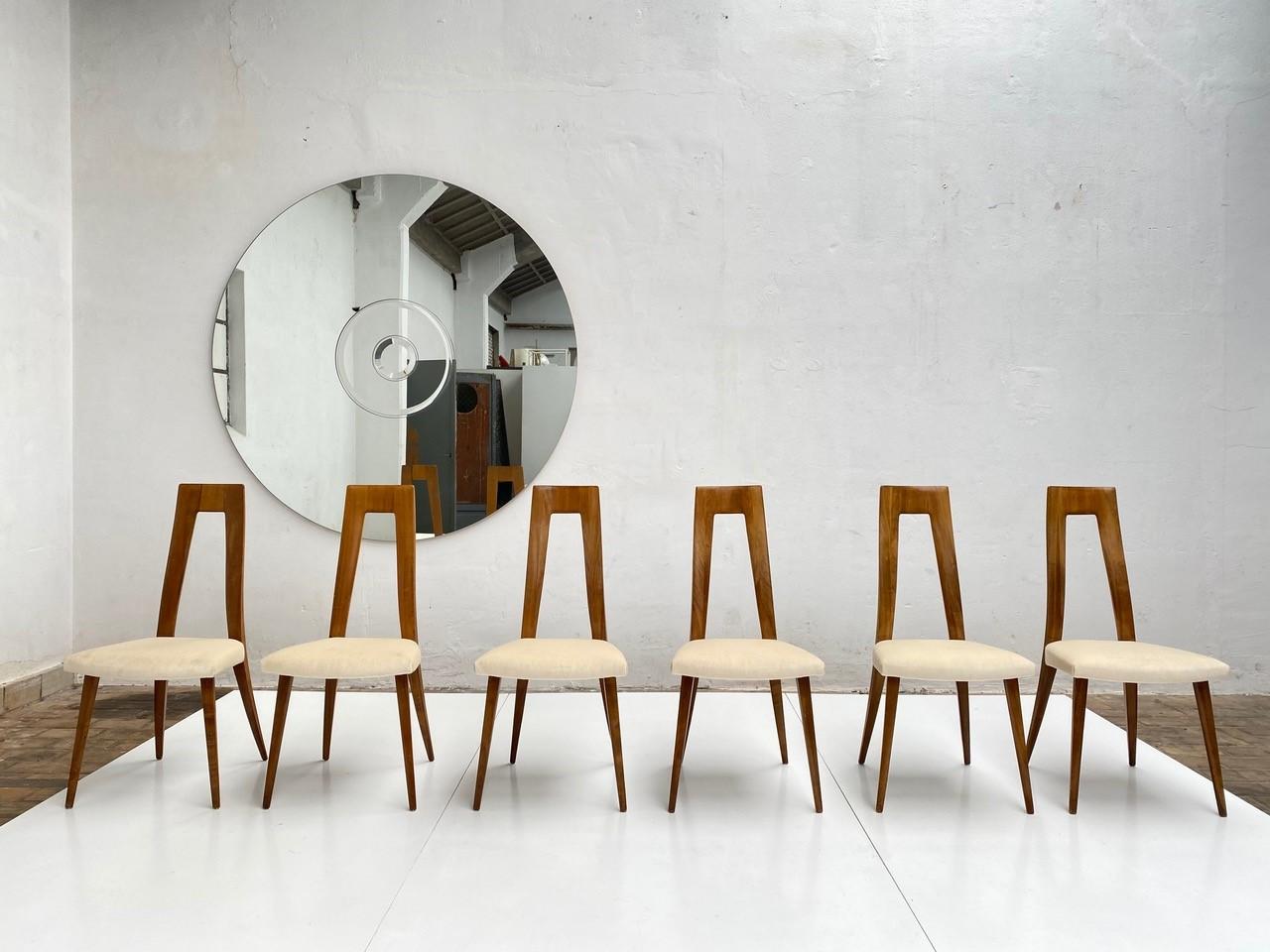 Italian Six Sculptural Form 'Turin School' Walnut & Mohair Dining Chairs, Italy, 1940's
