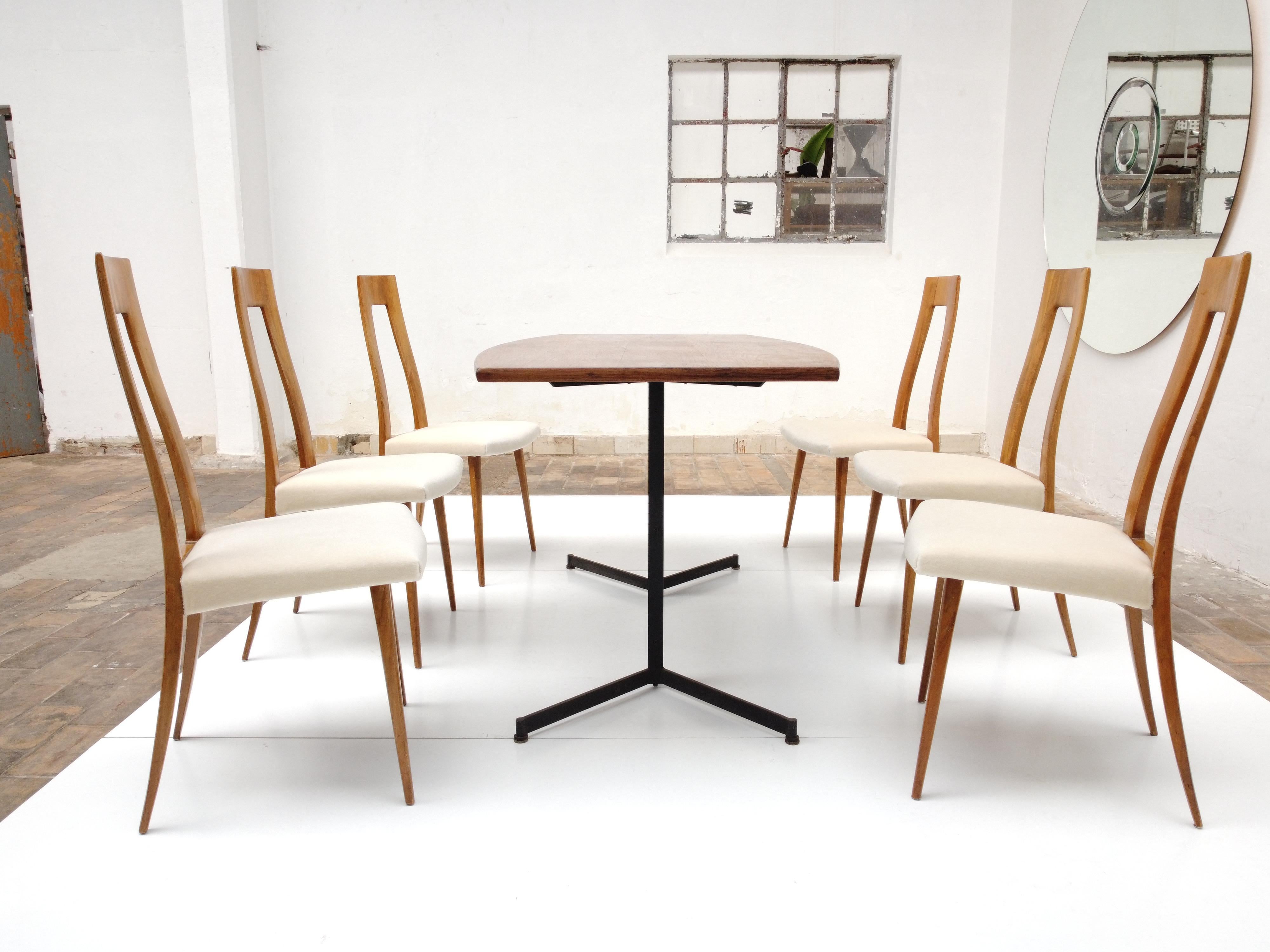 Hand-Crafted Six Sculptural Form 'Turin School' Walnut & Mohair Dining Chairs, Italy, 1940's