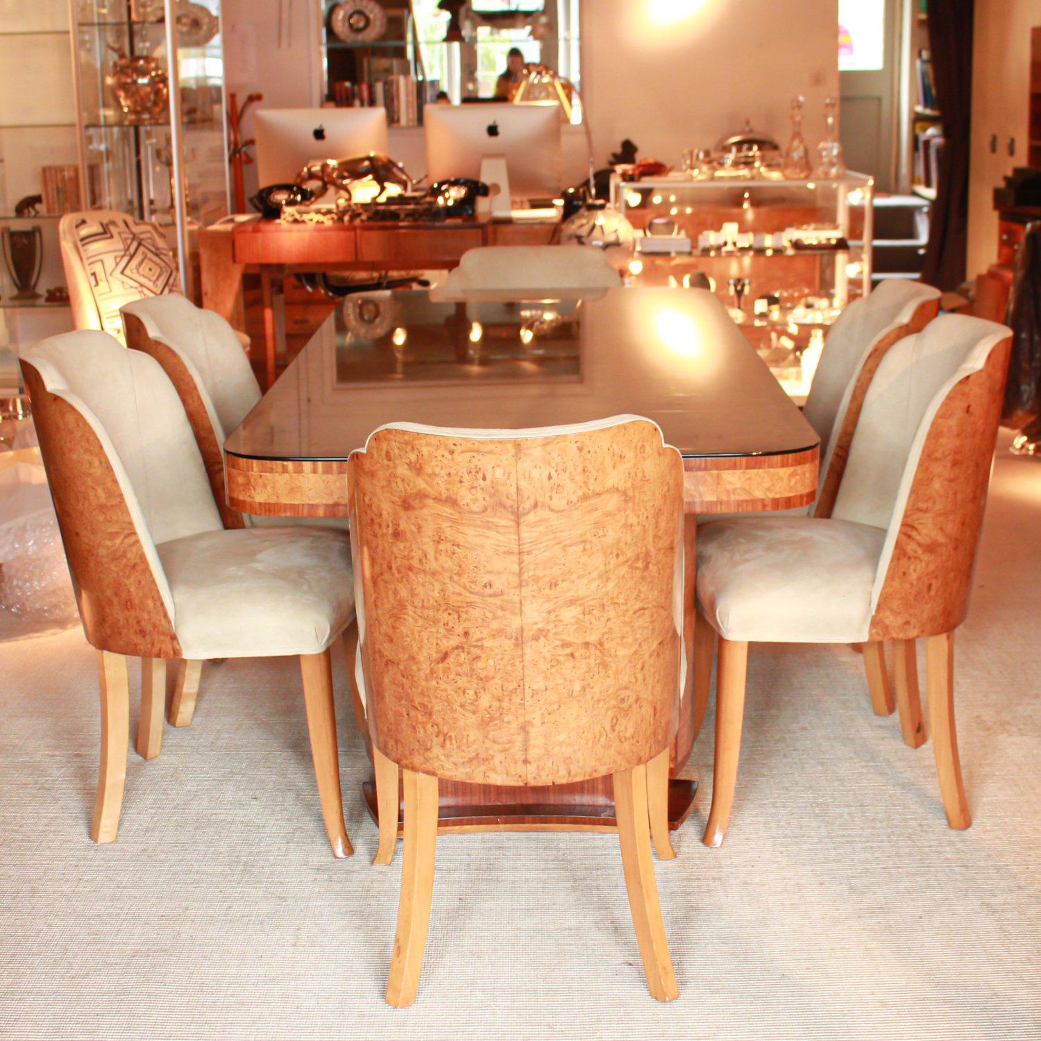 English Six-Seat Art Deco Epstein Dining Suite with Six Upholstered Cloud Back Chairs