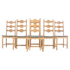 Six Set Brutalist Dining Chairs in Solid Carved Oak by Henning Kjærnulf 60's V
