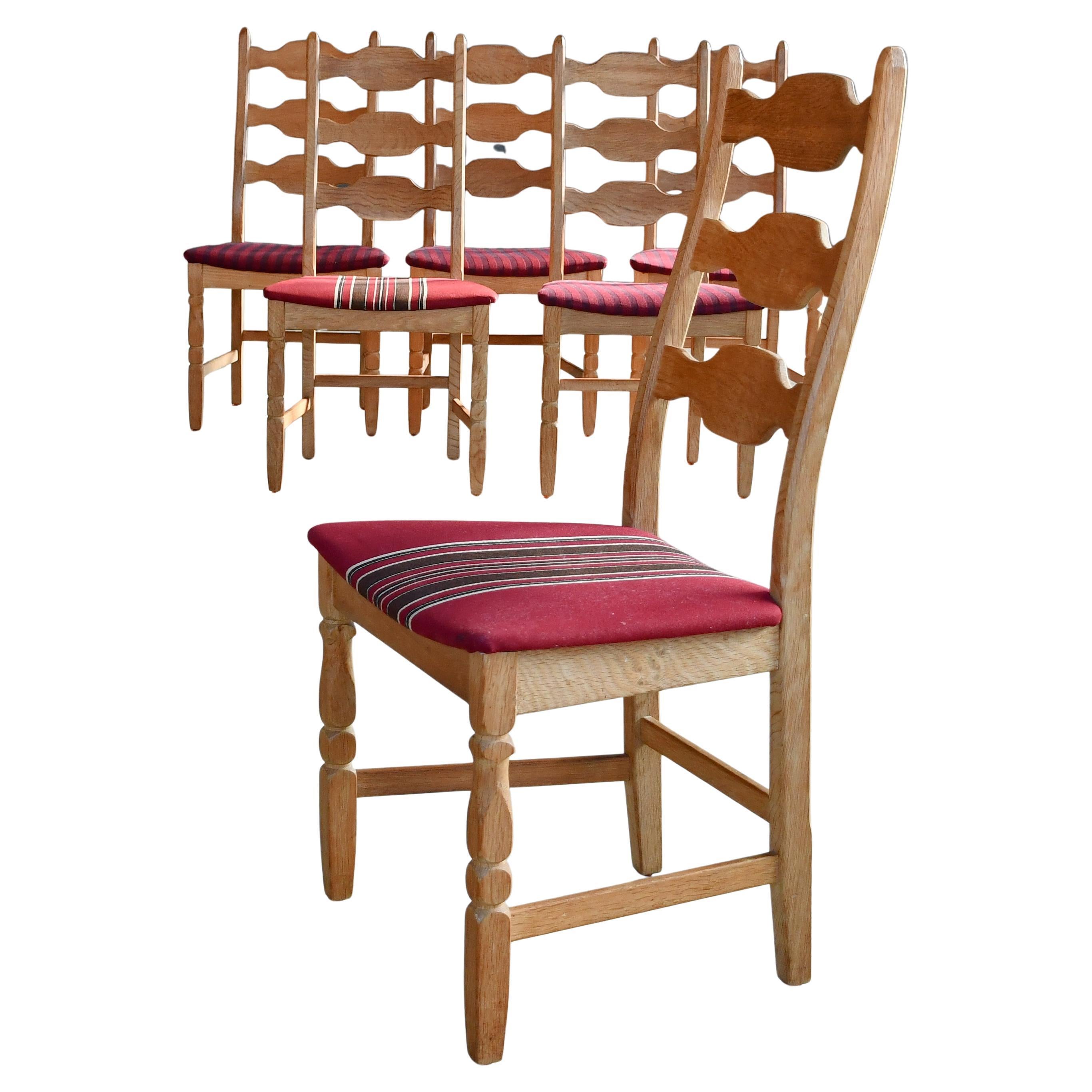 Six Set Brutalist Dining Chairs in Solid Carved Oak by Henning Kjærnulf 60's