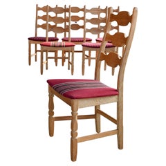 Six Set Brutalist Dining Chairs in Solid Carved Oak by Henning Kjærnulf 60's