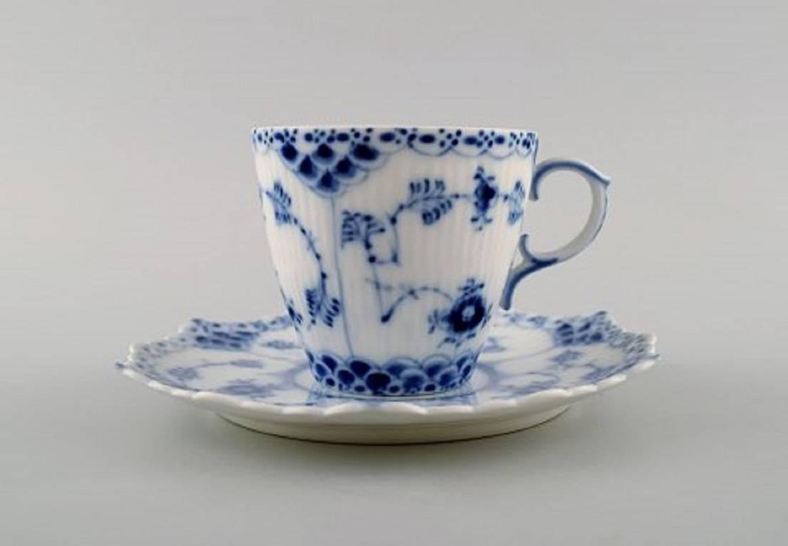 Six sets Royal Copenhagen blue fluted full lace mocha cup and saucer.
Number: 1/1038.
1st. assortment, in perfect condition.
