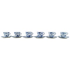 Six Sets Royal Copenhagen Blue Fluted Full Lace Mocha Cup and Saucer