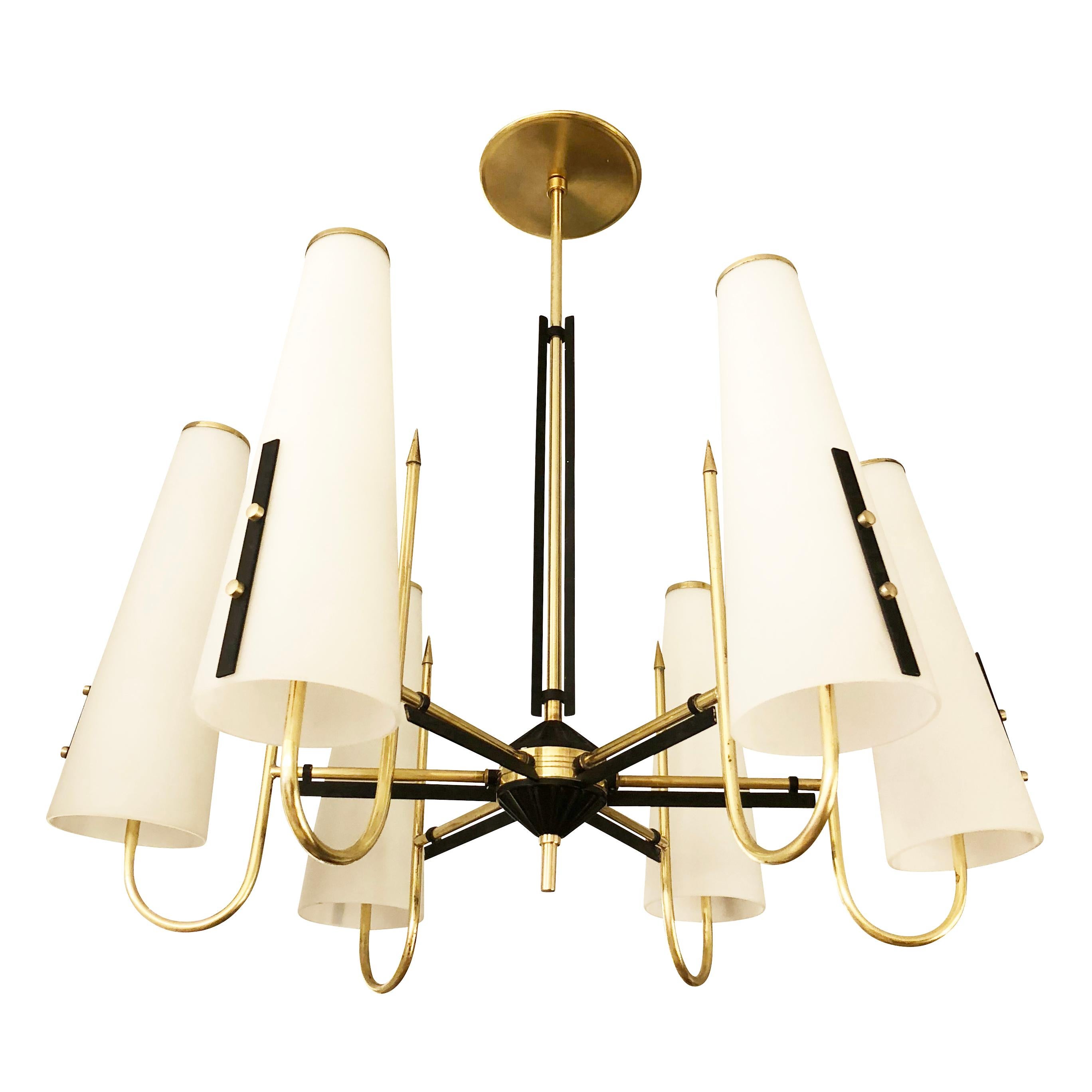 Midcentury chandelier attributed to Bruno Chiarini with six conical glass shades on brass and black lacquered frame. Height of stem can be adjusted as needed.

Condition: Excellent vintage condition, minor wear consistent with age and use. One
