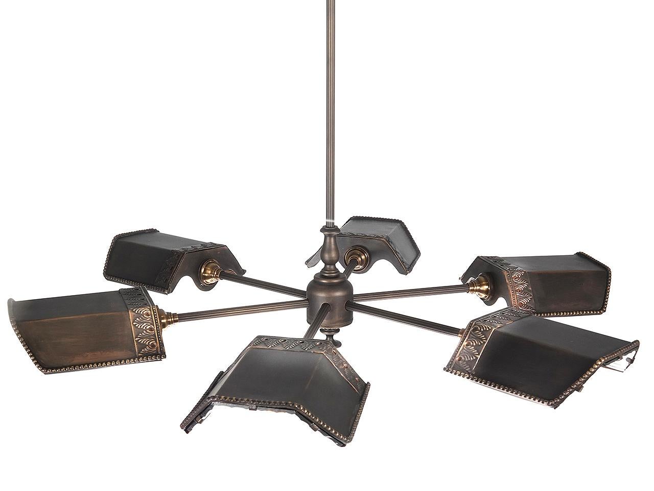Industrial Six Shade Mirrored Frink Style Chandelier For Sale