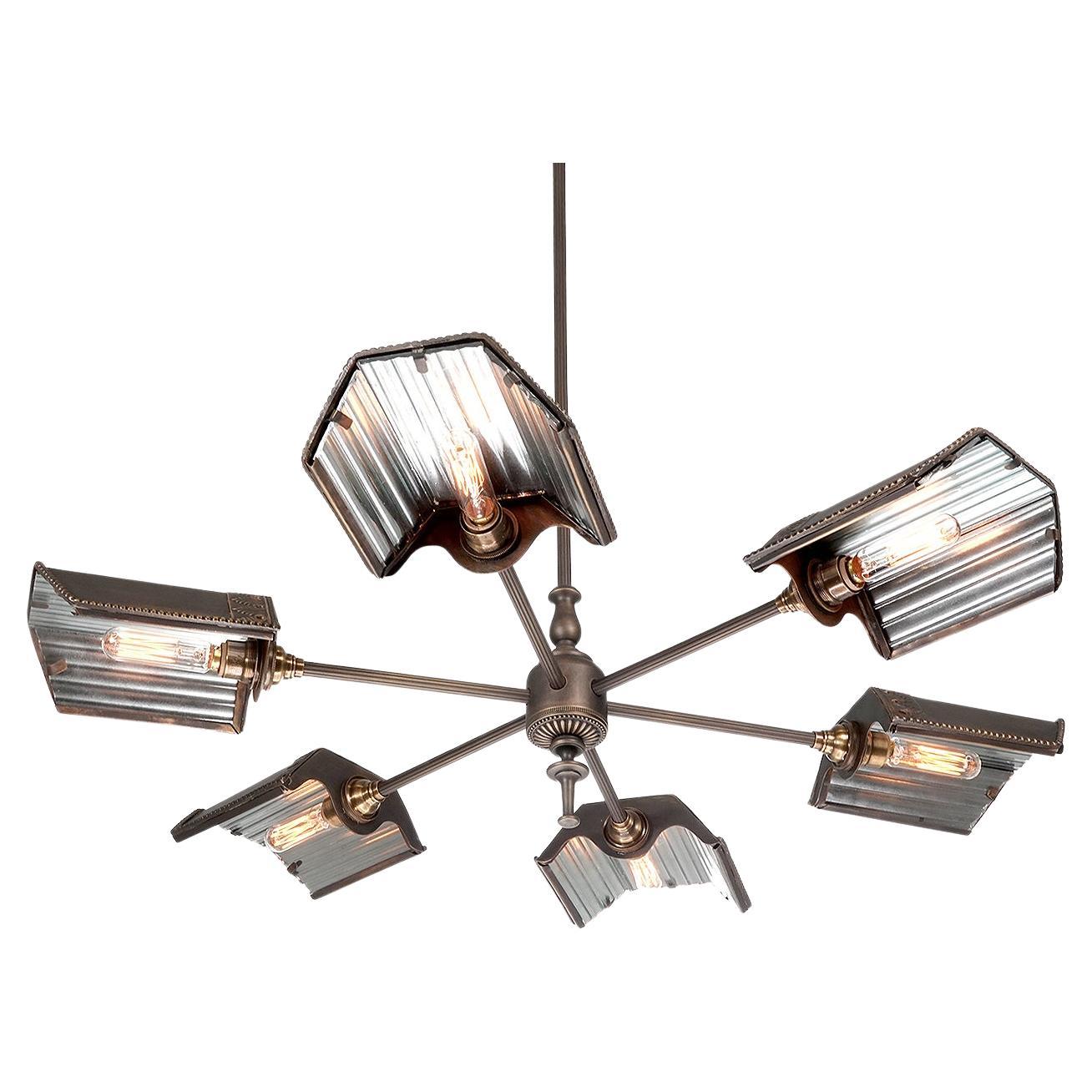 Six Shade Mirrored Frink Style Chandelier For Sale