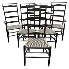 Six Shaker Style Ebonized Slat Back Dining Chairs with Shawl Rail & Woven Seats