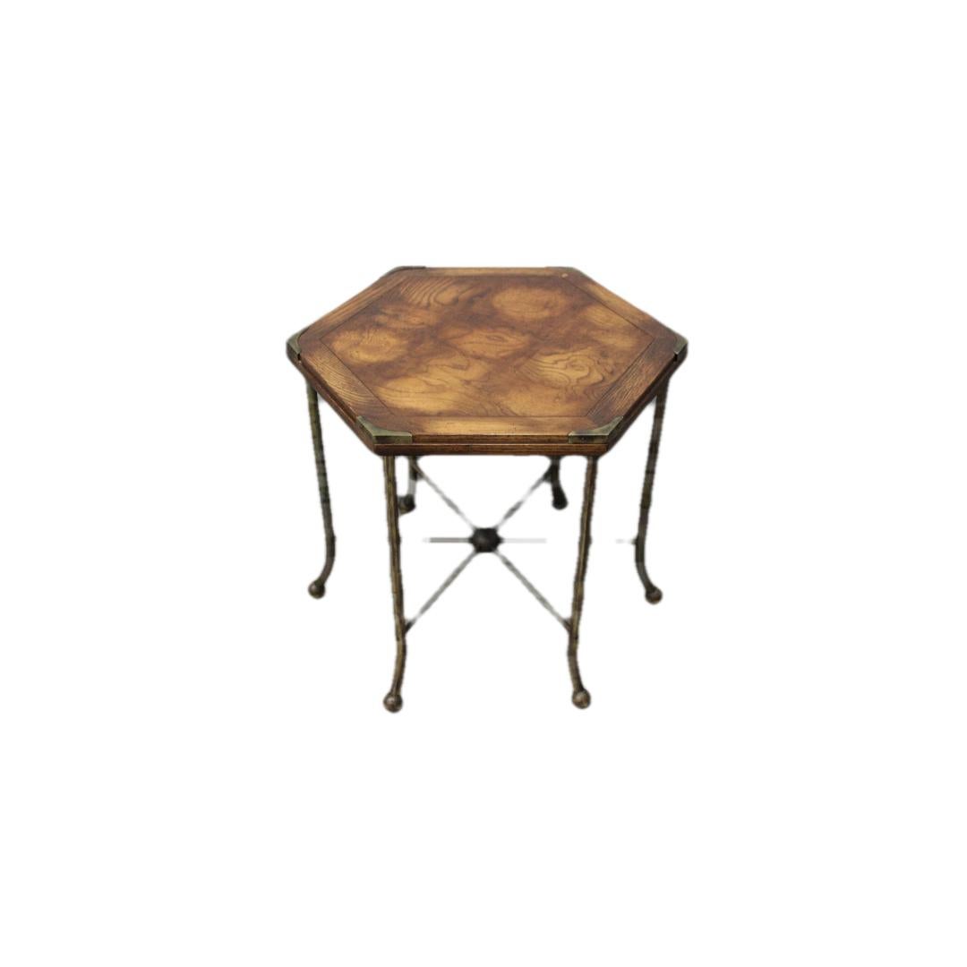 Six Sided Brass Mounted Wood Side Table In Good Condition For Sale In San Francisco, CA