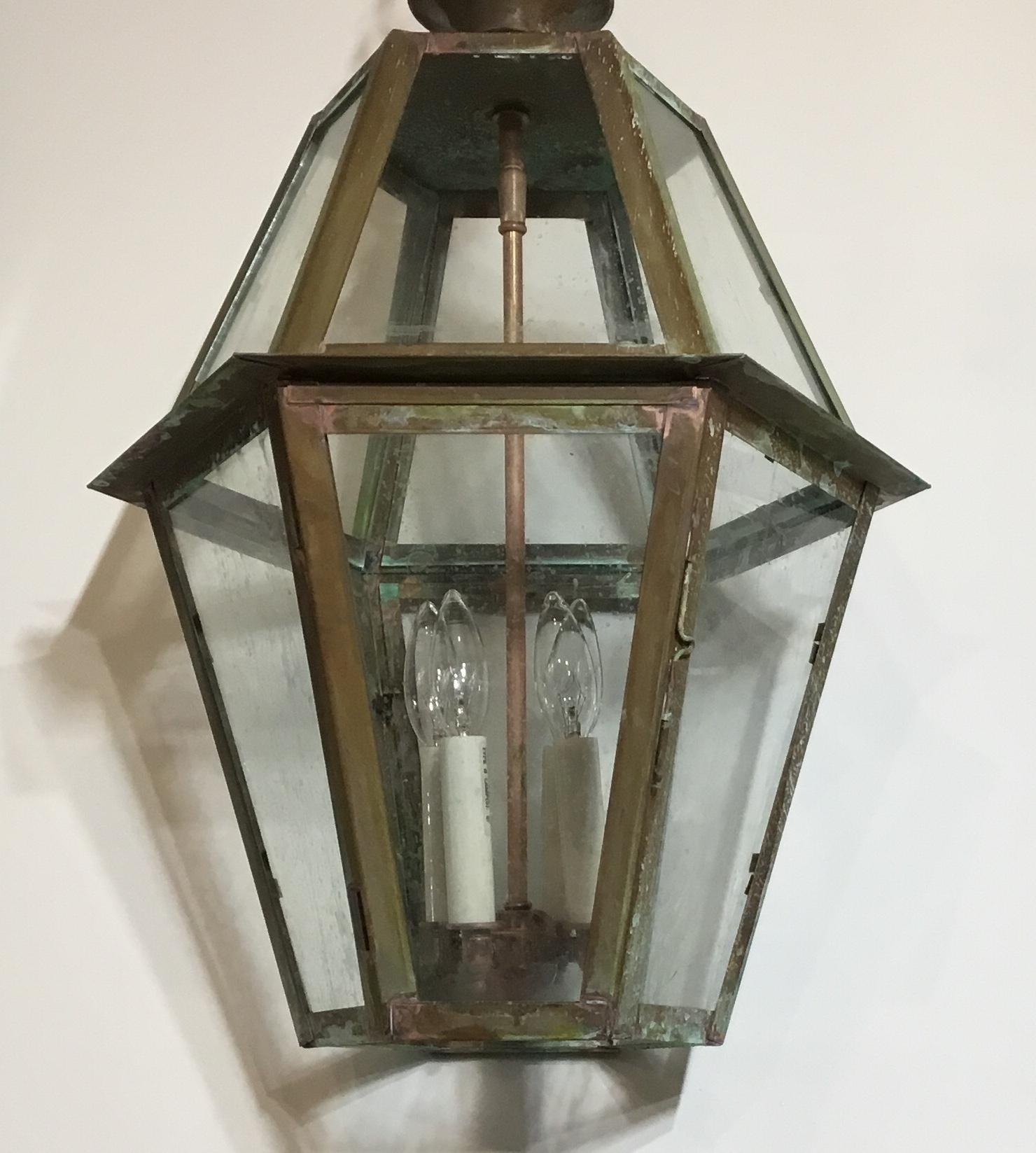 Six Sides Hanging Copper Lantern In Good Condition In Delray Beach, FL