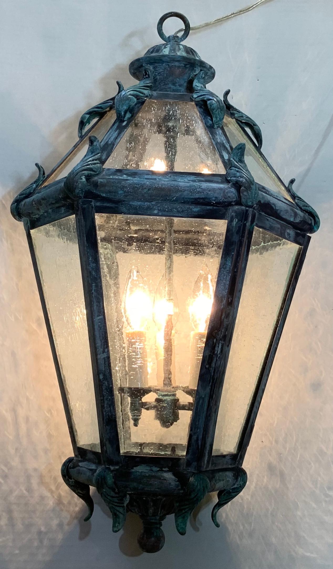 Six Sides Solid Brass Hanging Lantern In Good Condition In Delray Beach, FL
