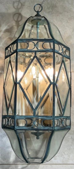 Exceptional Vintage Verdigris & Beveled Glass Hanging Lantern / Pendant Light