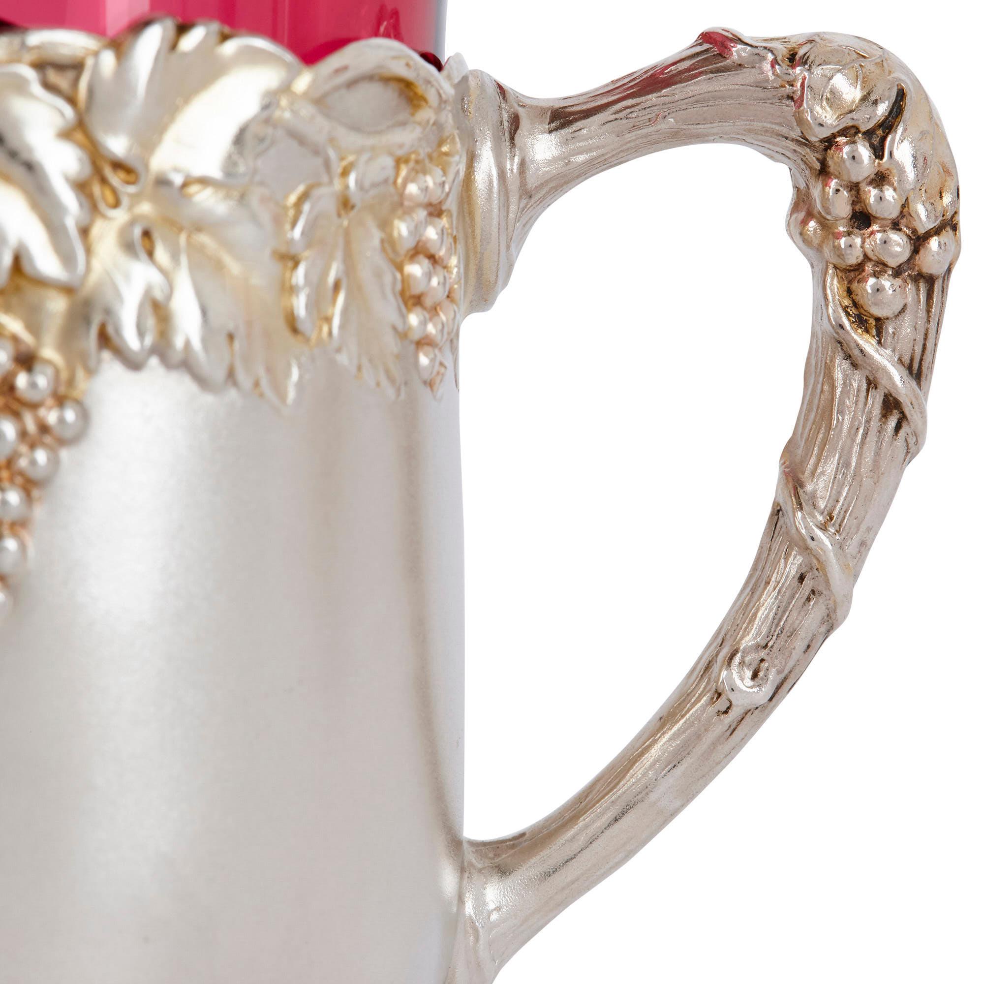 Art Nouveau Six Silver and Parcel-Gilt Ruby Glass Tea Cups