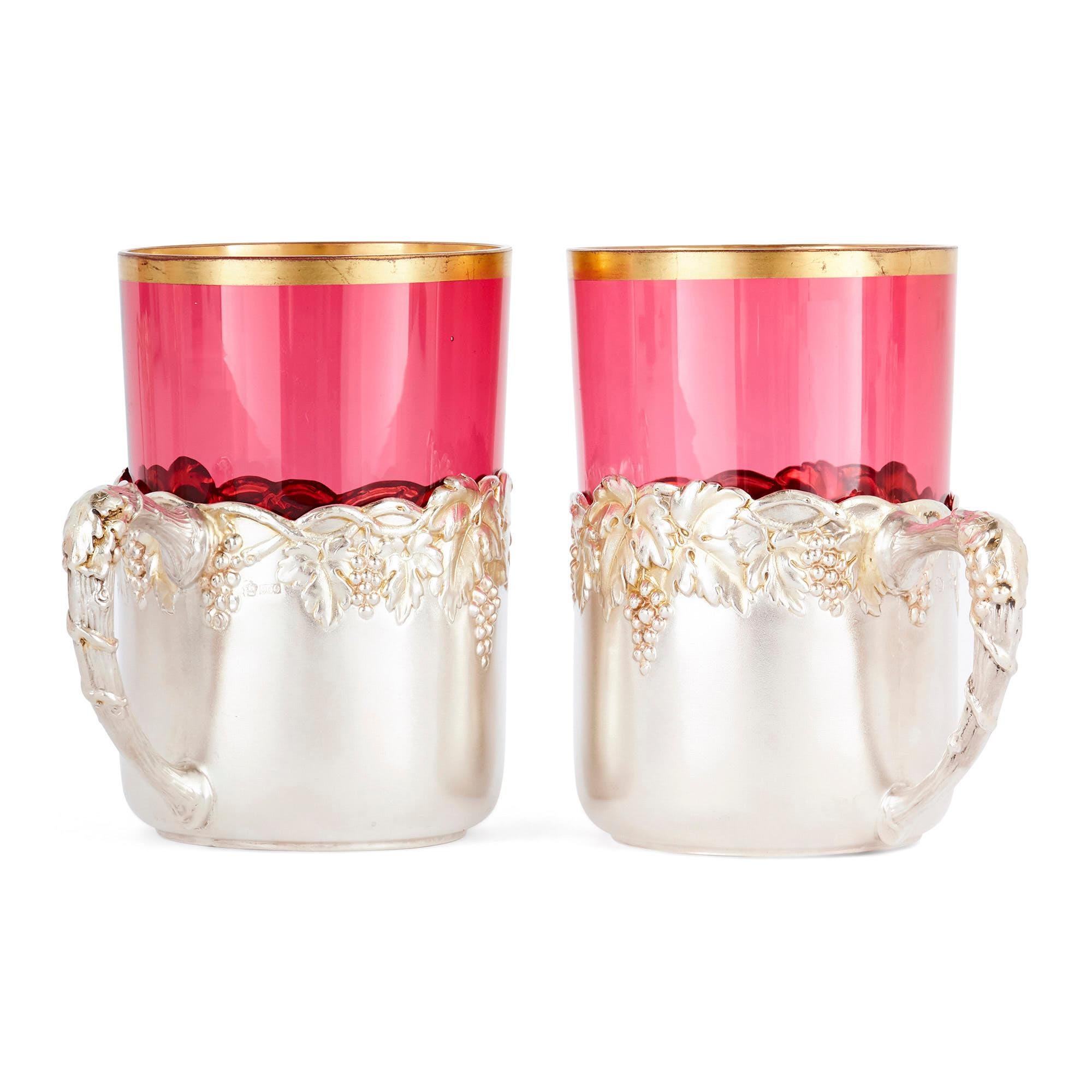 20th Century Six Silver and Parcel-Gilt Ruby Glass Tea Cups