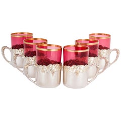 Six Silver and Parcel-Gilt Ruby Glass Tea Cups