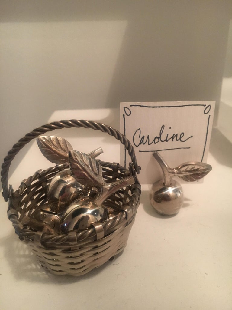 Six Silver Apple Place Card Menu Holders with Woven Basket at 1stDibs