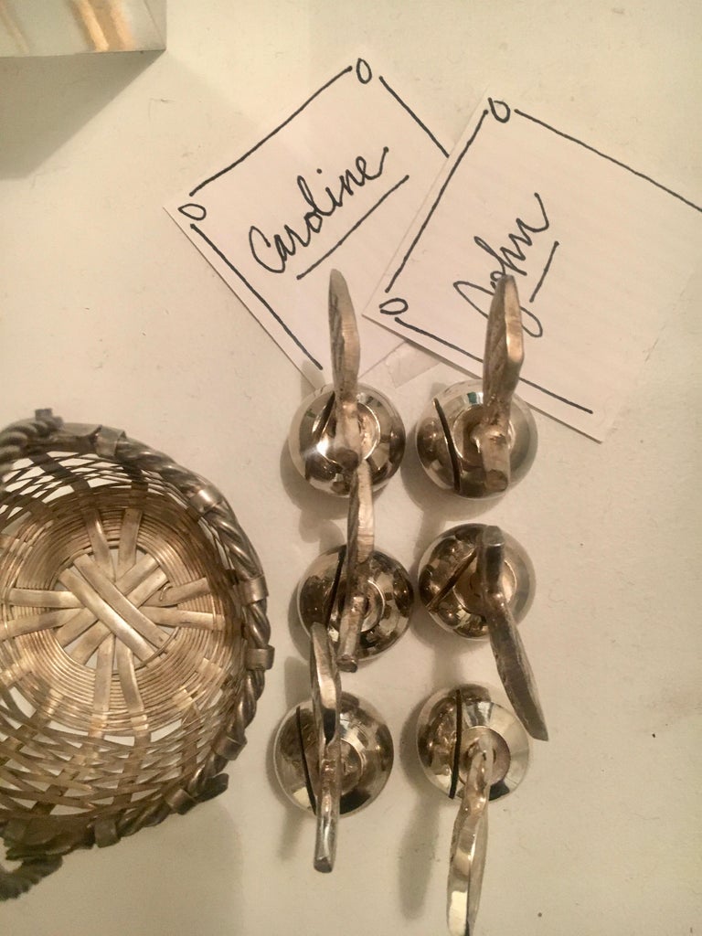 Six Silver Apple Place Card Menu Holders with Woven Basket at 1stDibs