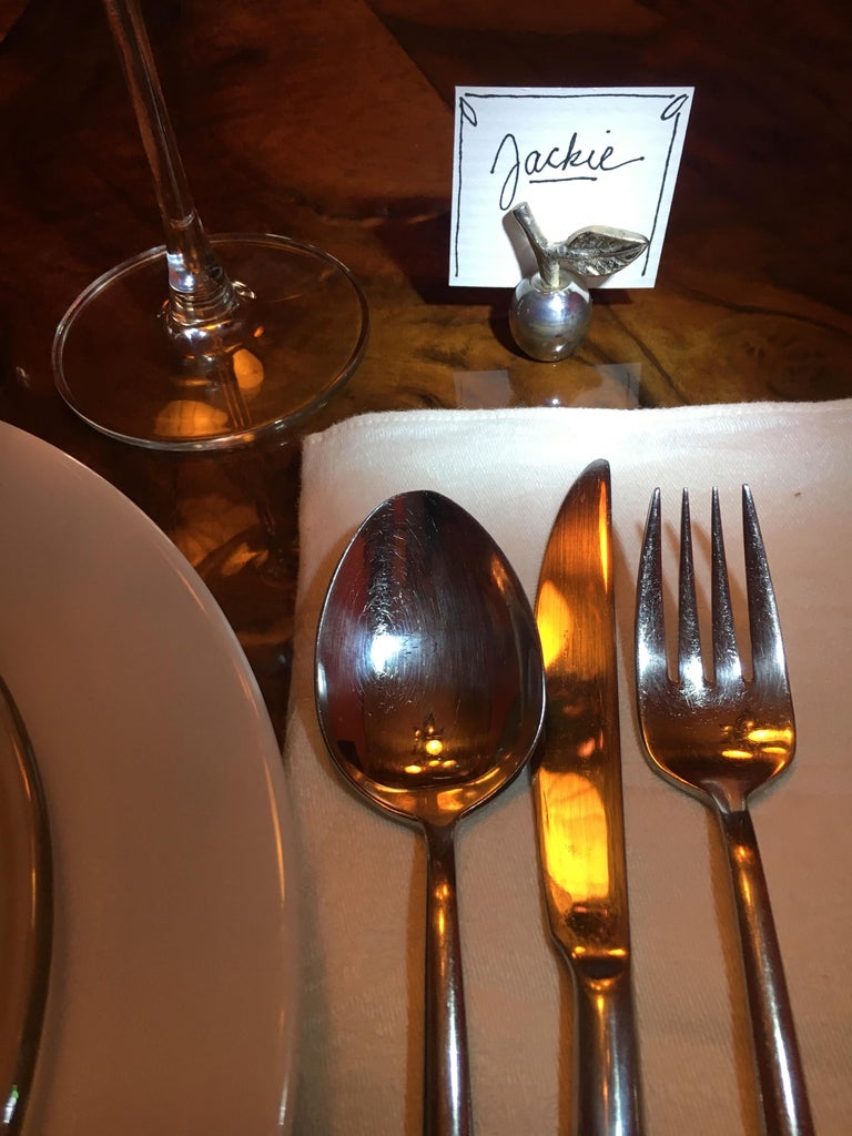 Six Silver Apple Place Card Menu Holders with Woven Basket at 1stDibs