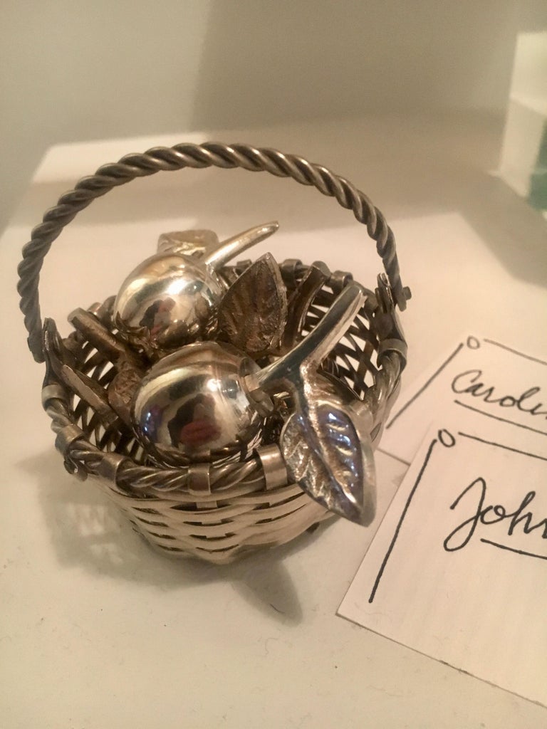 Six Silver Apple Place Card Menu Holders with Woven Basket at 1stDibs