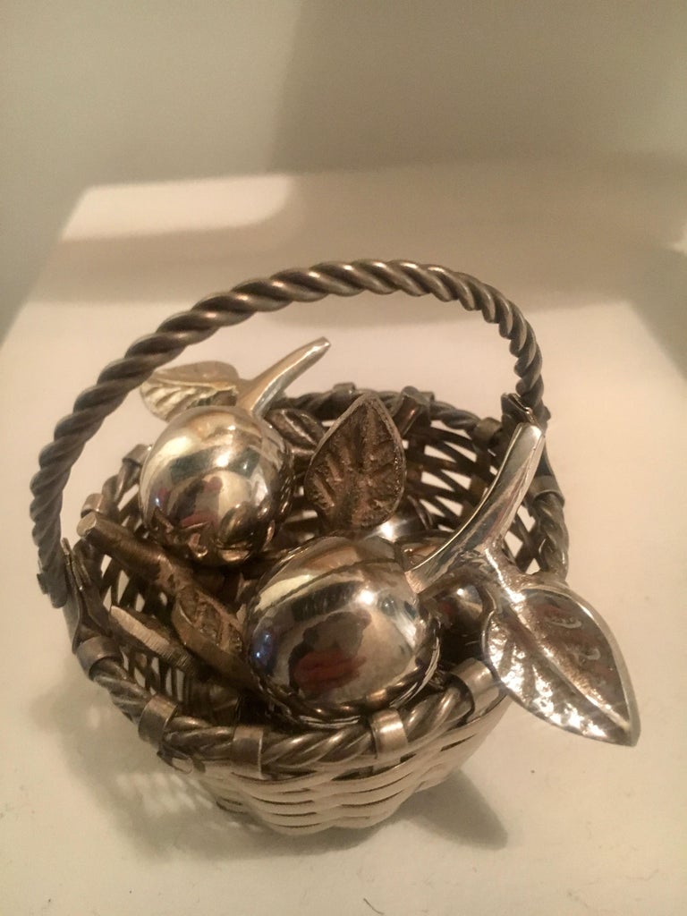 Six Silver Apple Place Card Menu Holders with Woven Basket at 1stDibs