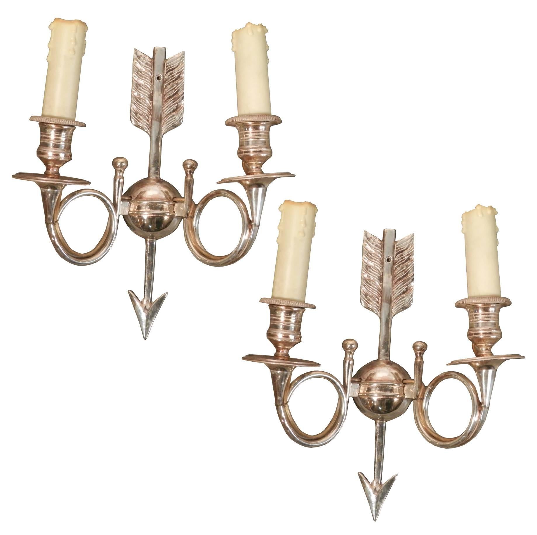Set of six silvered bronze sconces with monogram and number, circa 1960.
Measure: 4 big: 29 x 25 x 12 cm.
2 little 25 x 23 x 10 cm.