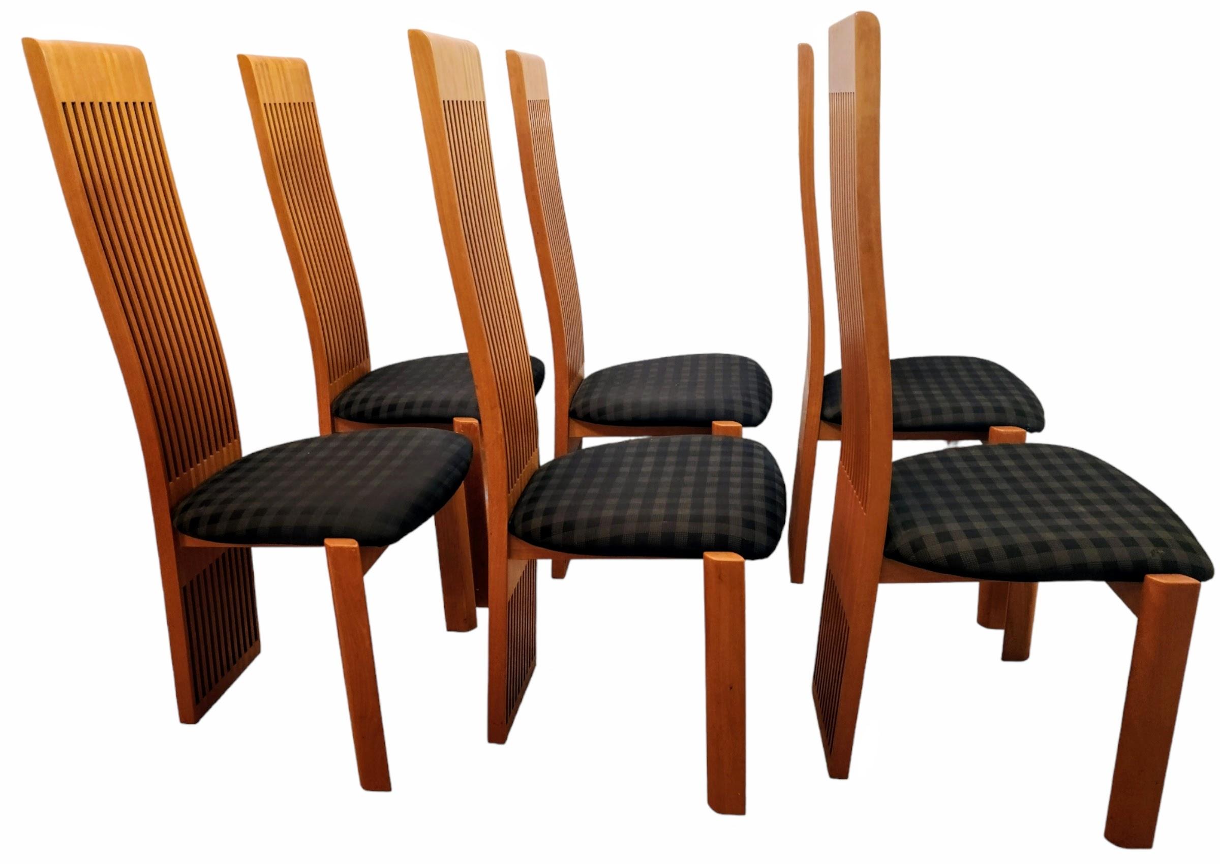 Late 20th Century Six Slatted Dining Chairs w/ Original Fabric by Pietro Costantini Italy 1980s