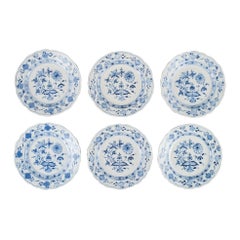Six Small Antique Meissen Blue Onion Lunch Plates in Hand-Painted Porcelain
