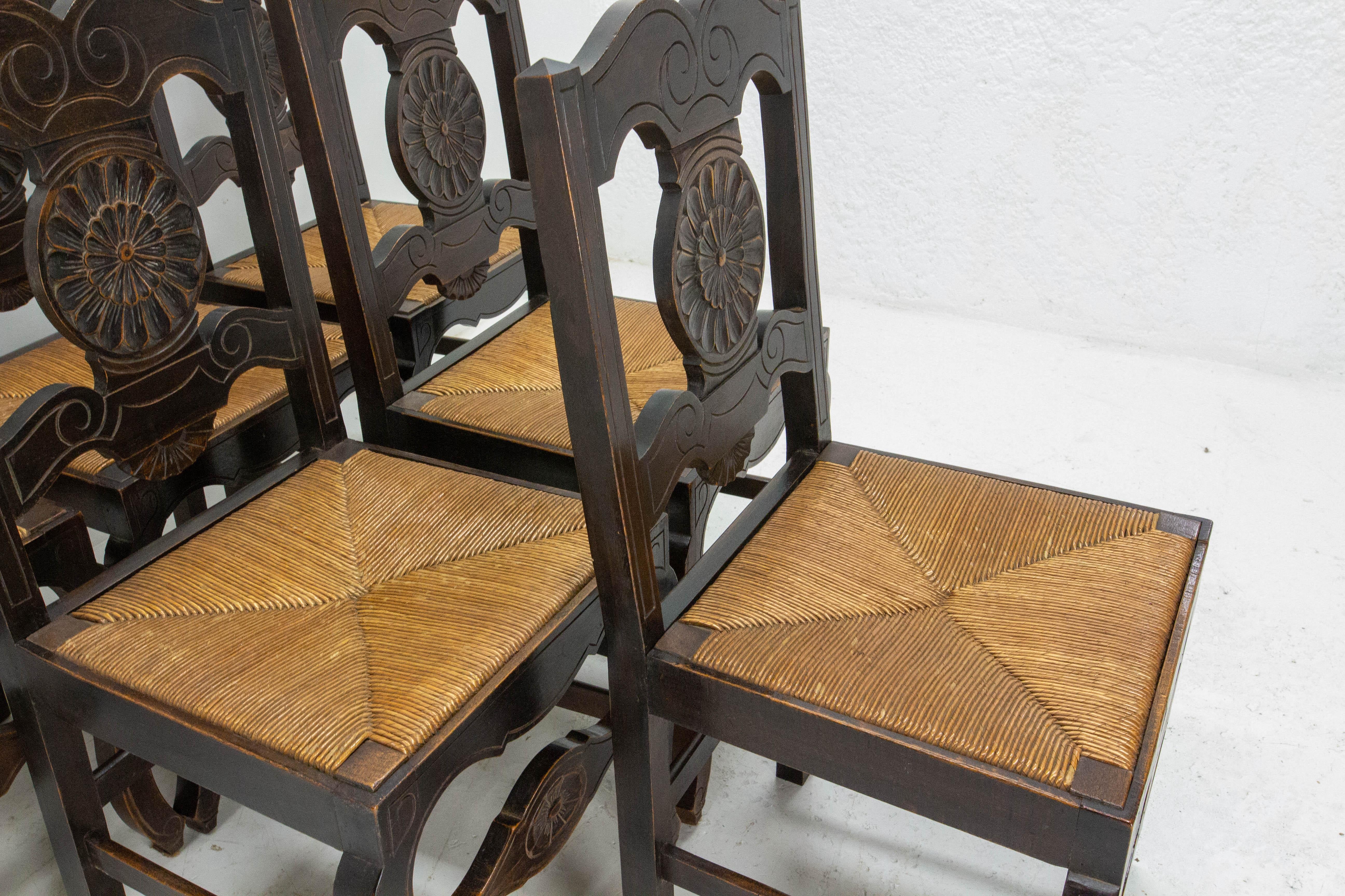 Spanish Colonial Six Spanish Dining Chairs Rush Seats, Early 20th Century