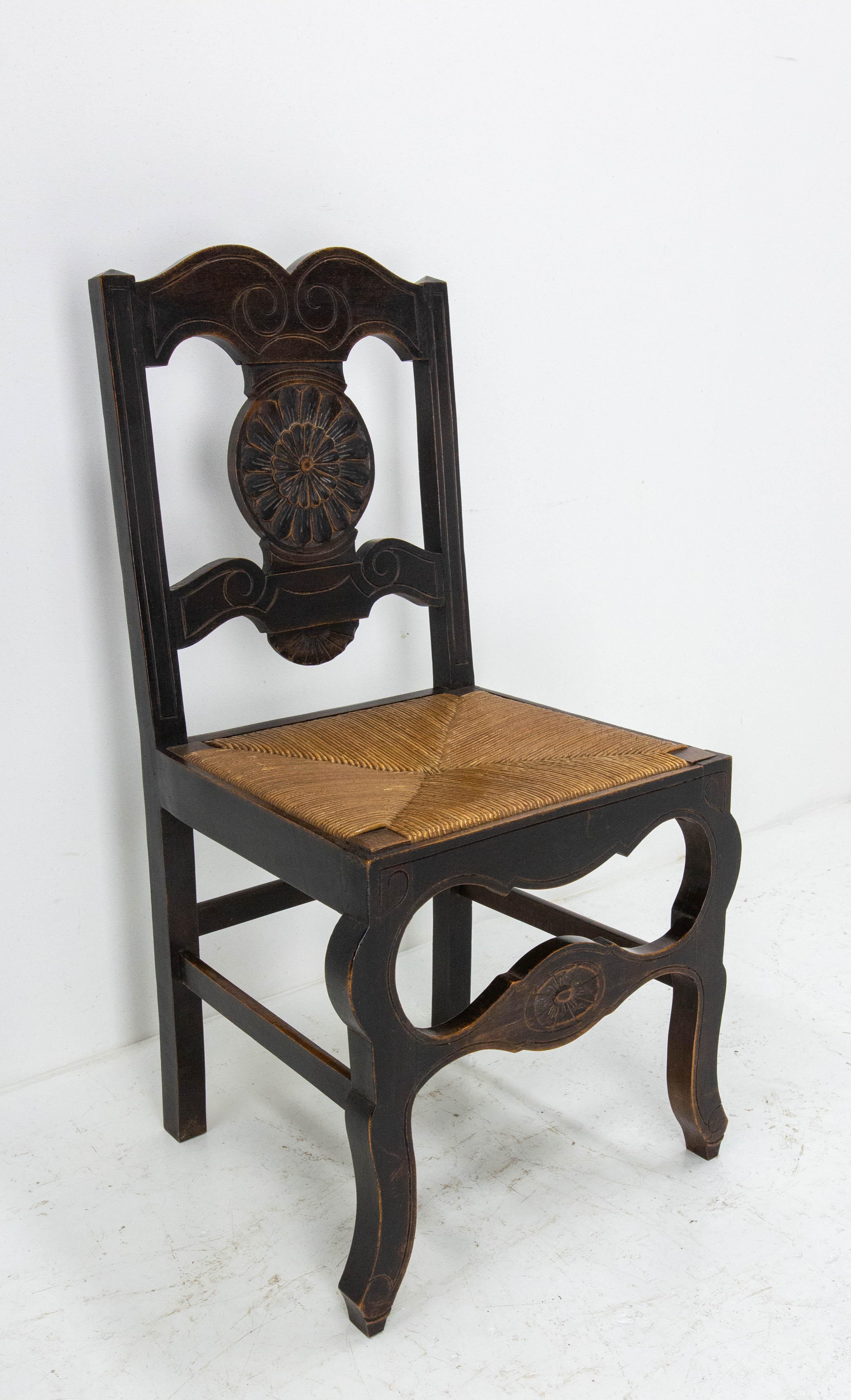 Six Spanish Dining Chairs Rush Seats, Early 20th Century In Good Condition In Labrit, Landes