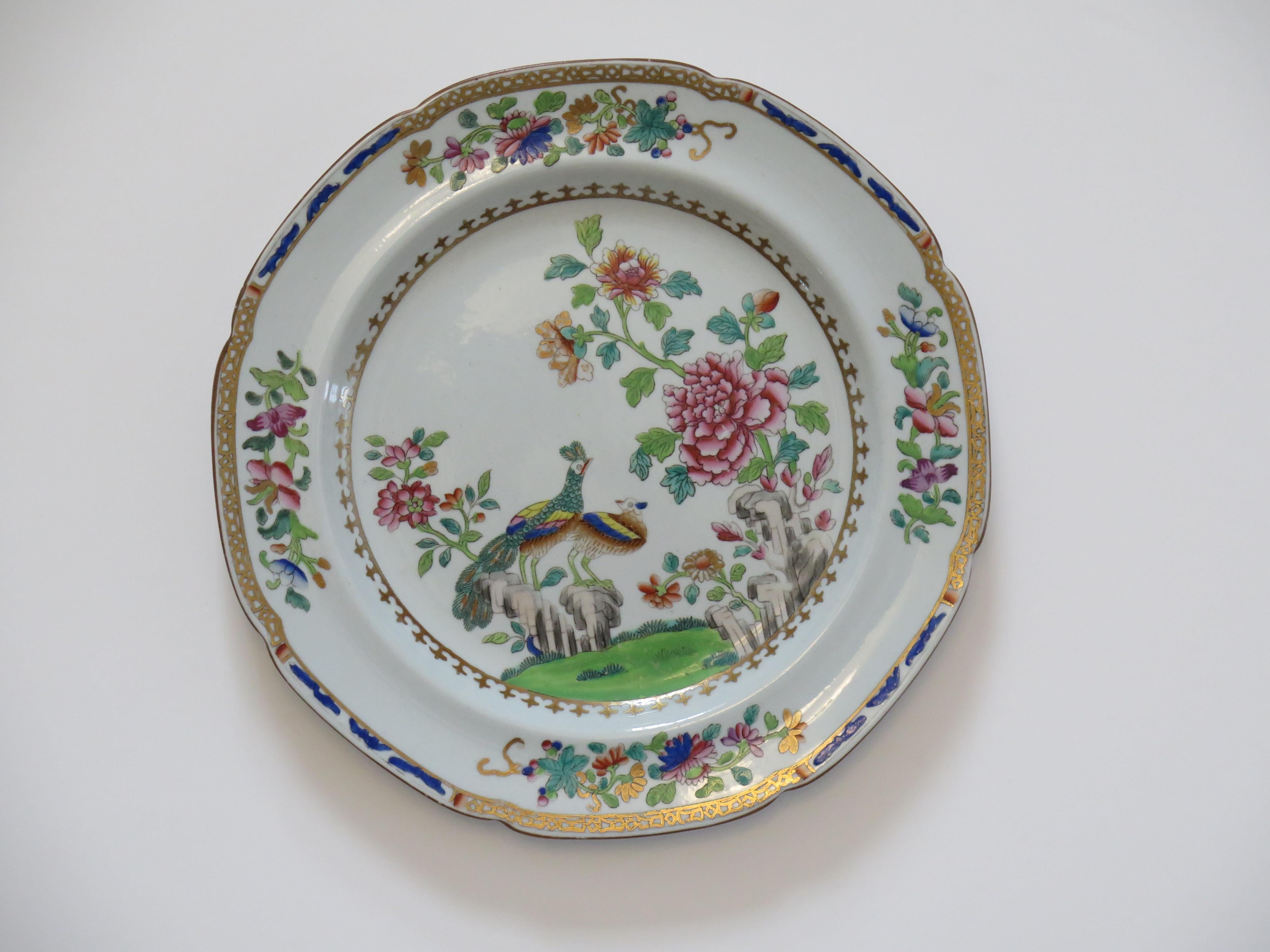 Dipinto a mano SEI PIATTI DA SPODO o DA DESERTO Stone China Peacock Ptn 2083, Georgiano, 1810 ca. in vendita