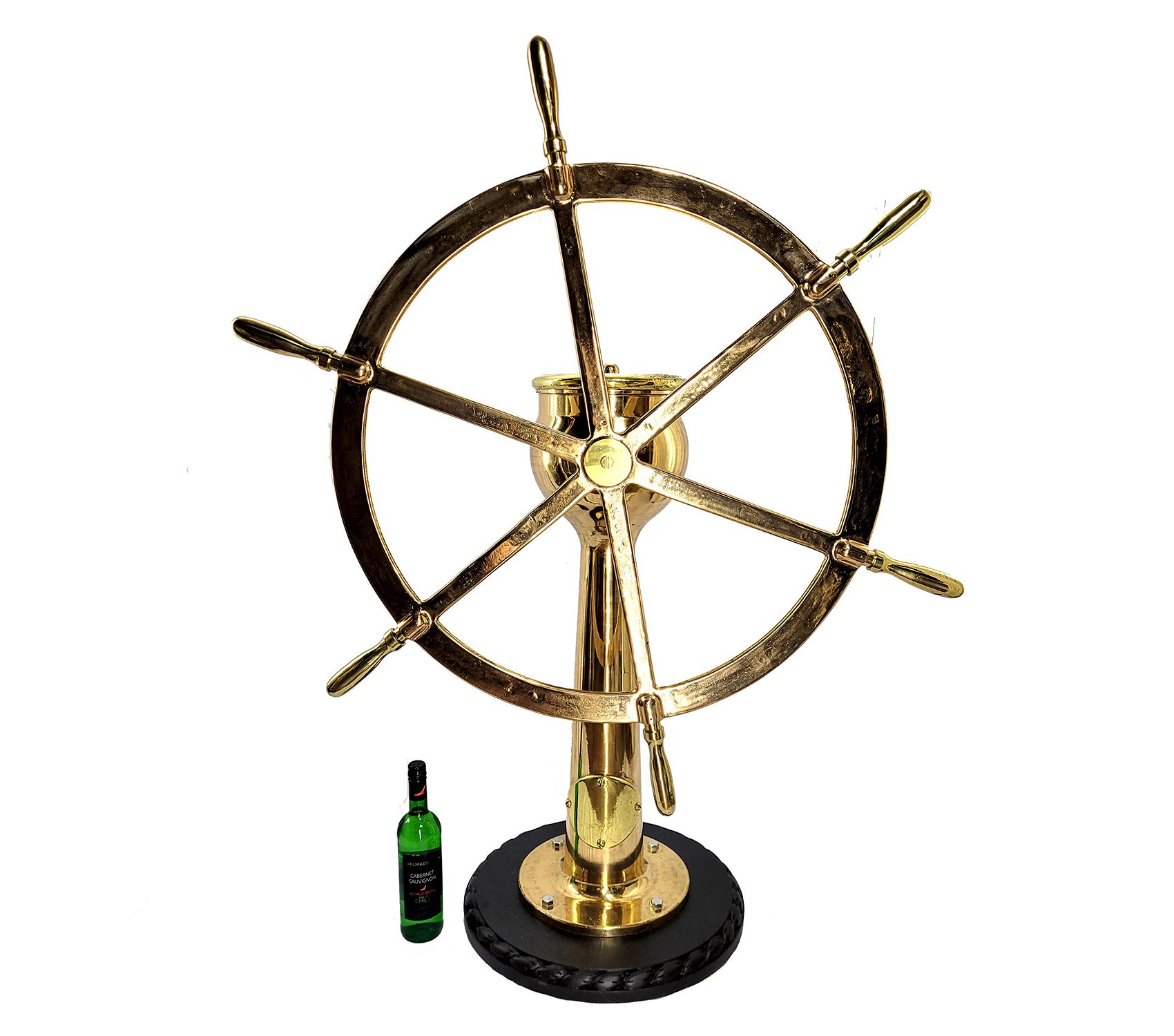 North American Six Spoke Solid Brass Ships Wheel on Stand For Sale