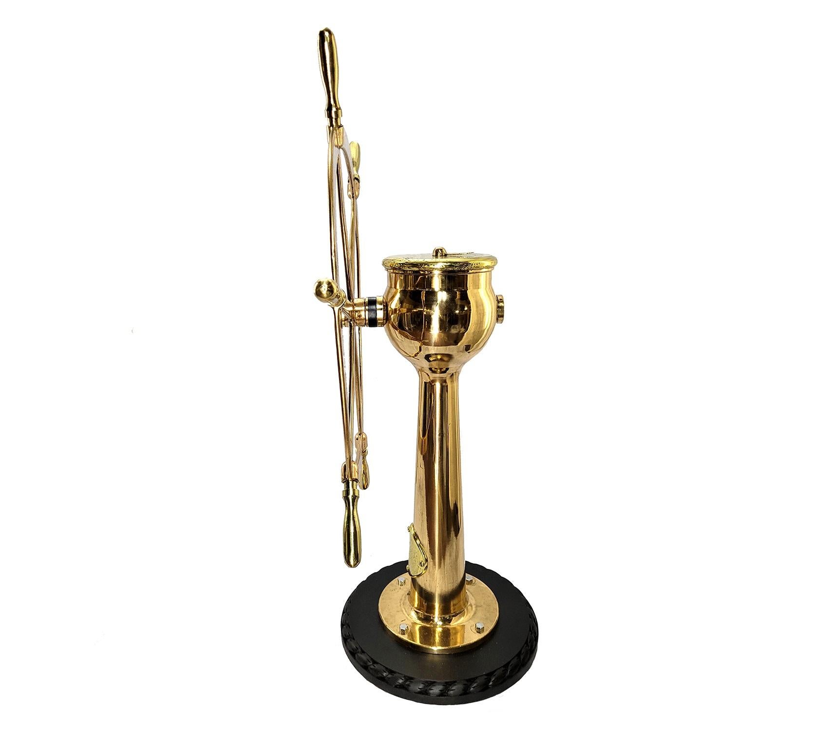 Polished Six Spoke Solid Brass Ships Wheel on Stand For Sale