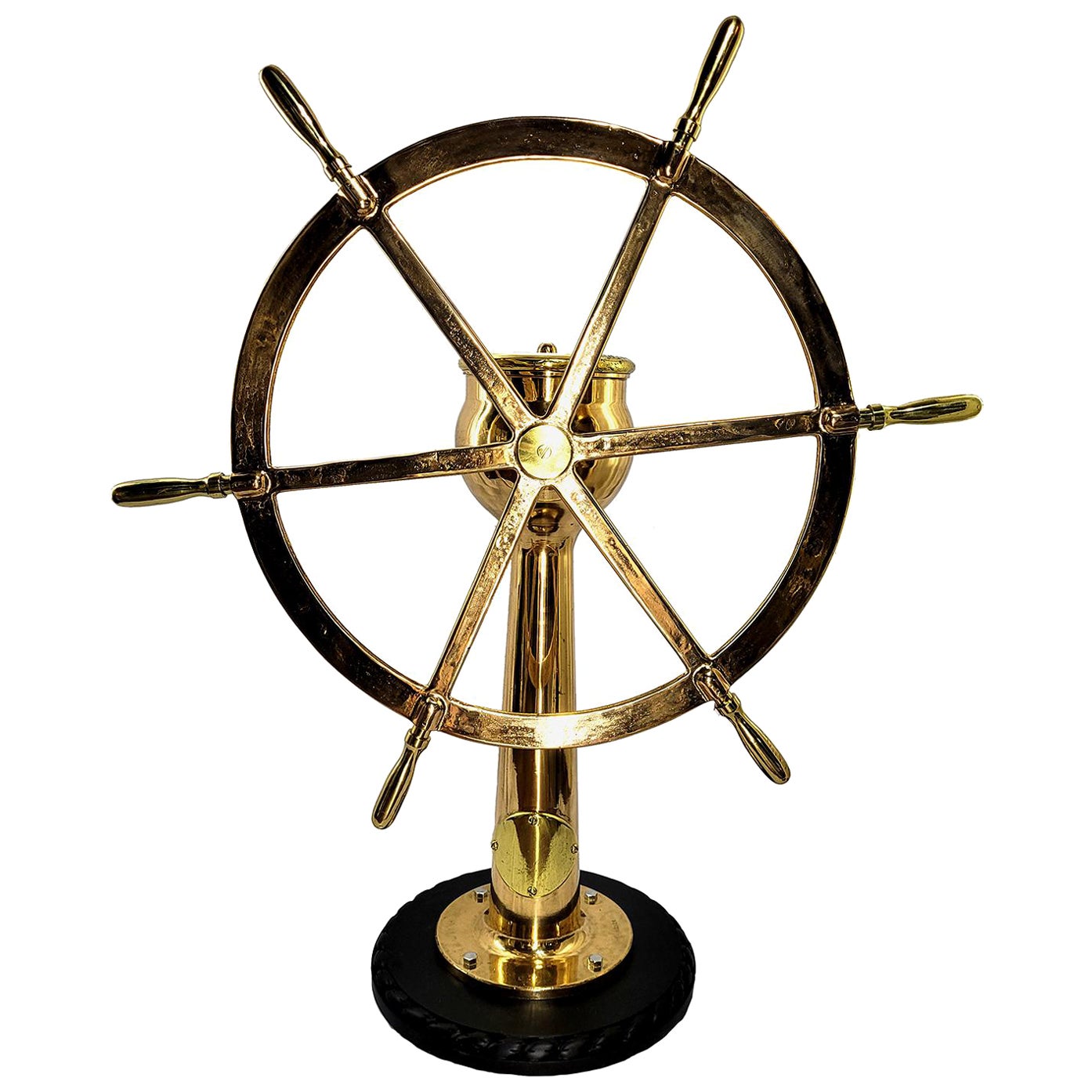 Six Spoke Solid Brass Ships Wheel on Stand
