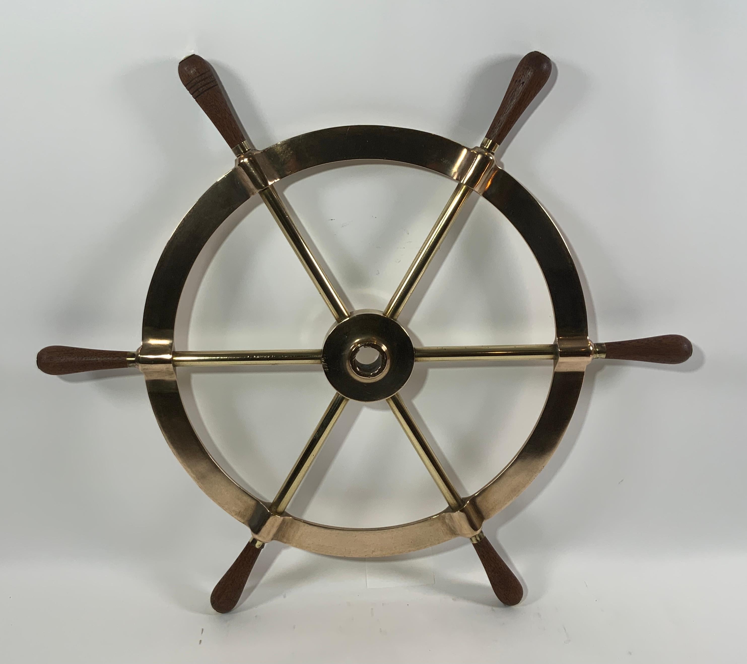 Six Spoke Solid Brass Yacht Wheel In Good Condition For Sale In Norwell, MA
