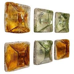Six Square Amber and Green Murano Glass Wall Sconces, Italy 1970s
