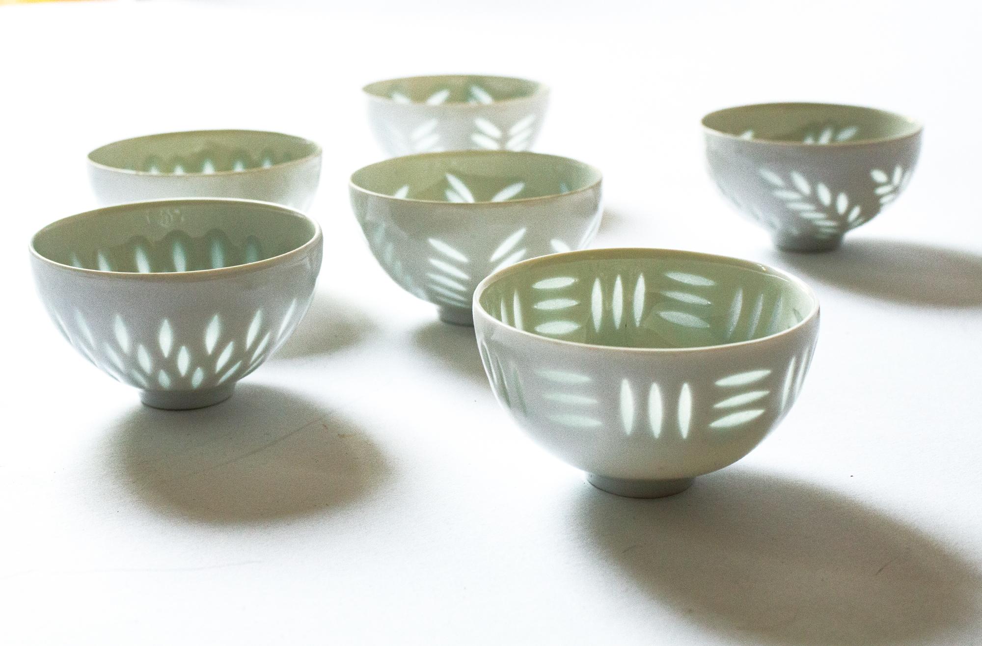 Porcelain Six Small Scandinavian Modern Ricegrain Bowls, Friedl Holzer Kjellberg, Arabia