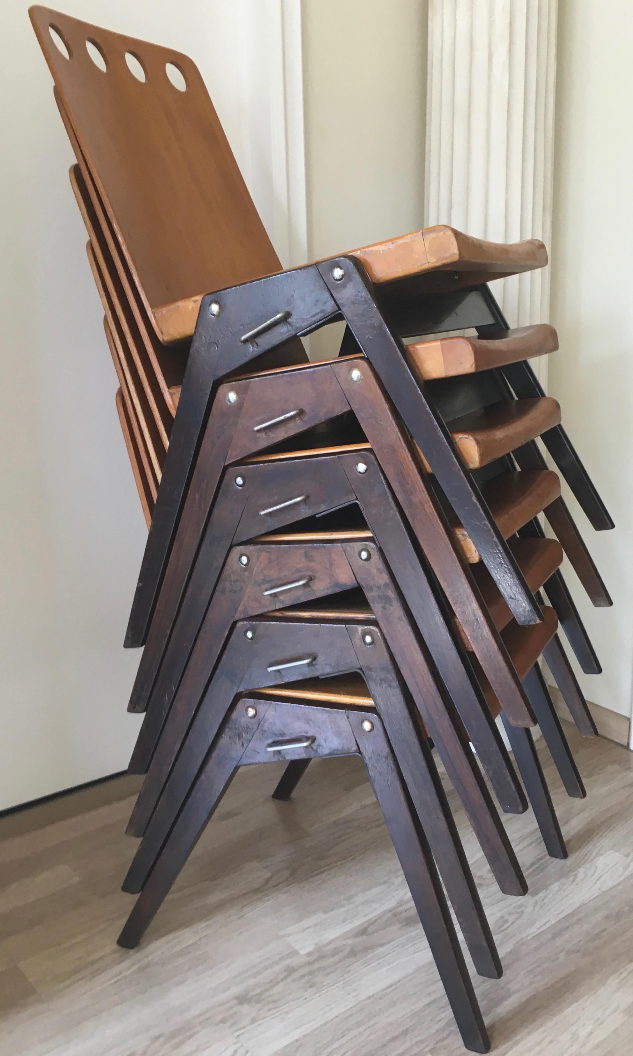 Six Stackable Industrial Chairs in the Spirit of Jean Prouvé, France, 1950 In Good Condition In Brussels, BE