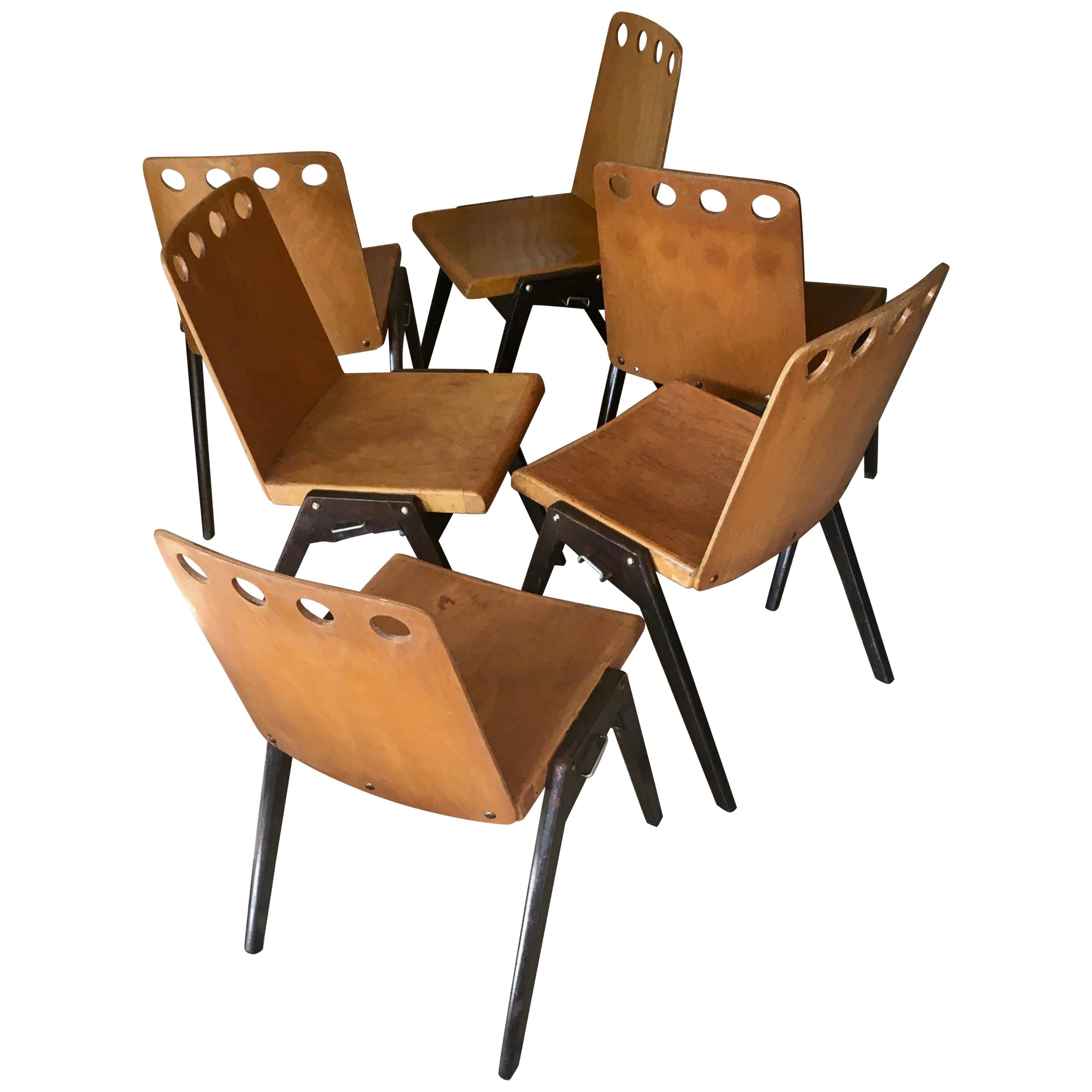 Six Stackable Industrial Chairs in the Spirit of Jean Prouvé, France, 1950