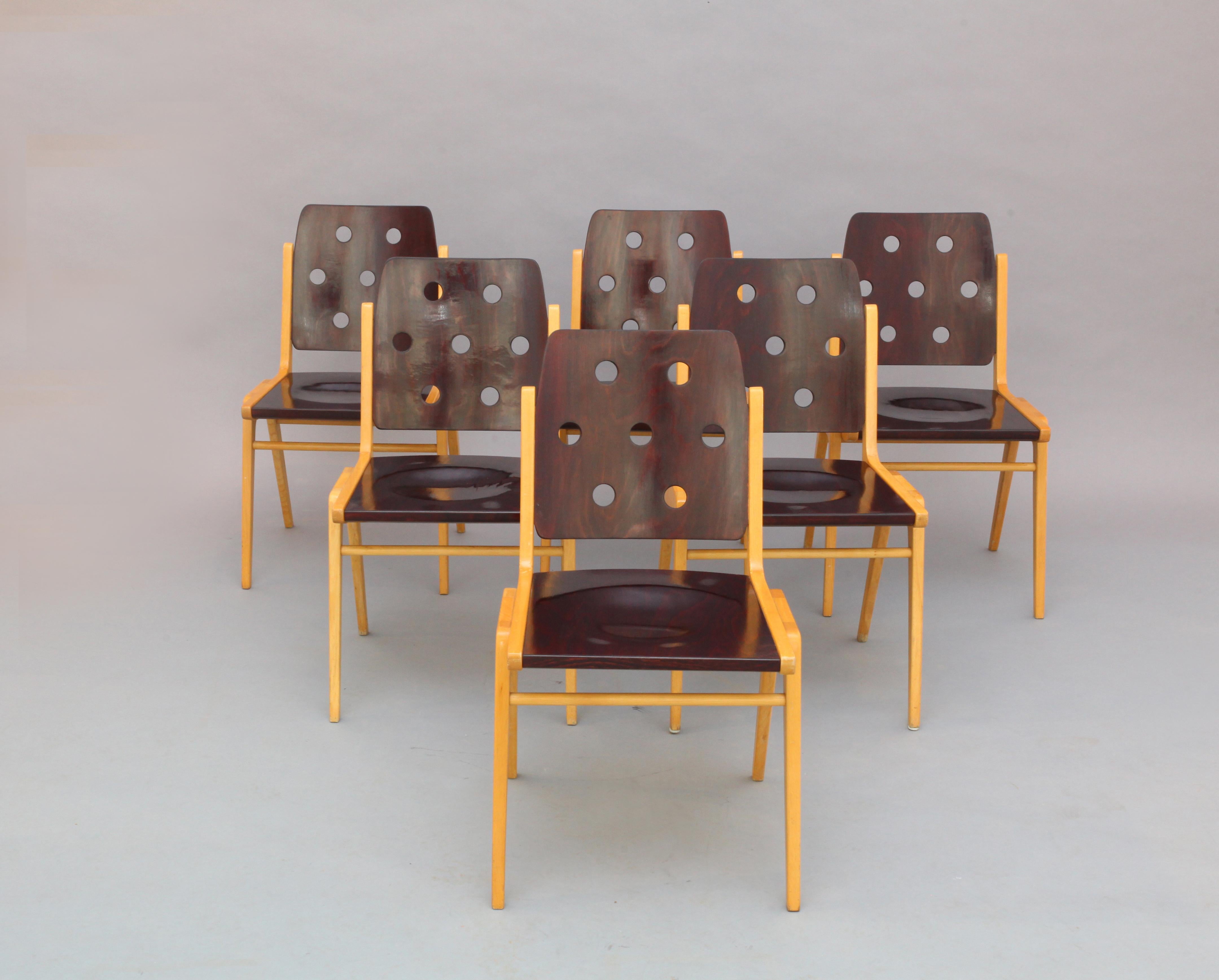 six stacking chairs by Franz Schuster for Wiesner Hager,
modell Maestro, bicolor
Vienna 1959,
Austria,
Forum Stadtpark
solid beech, bicolor.