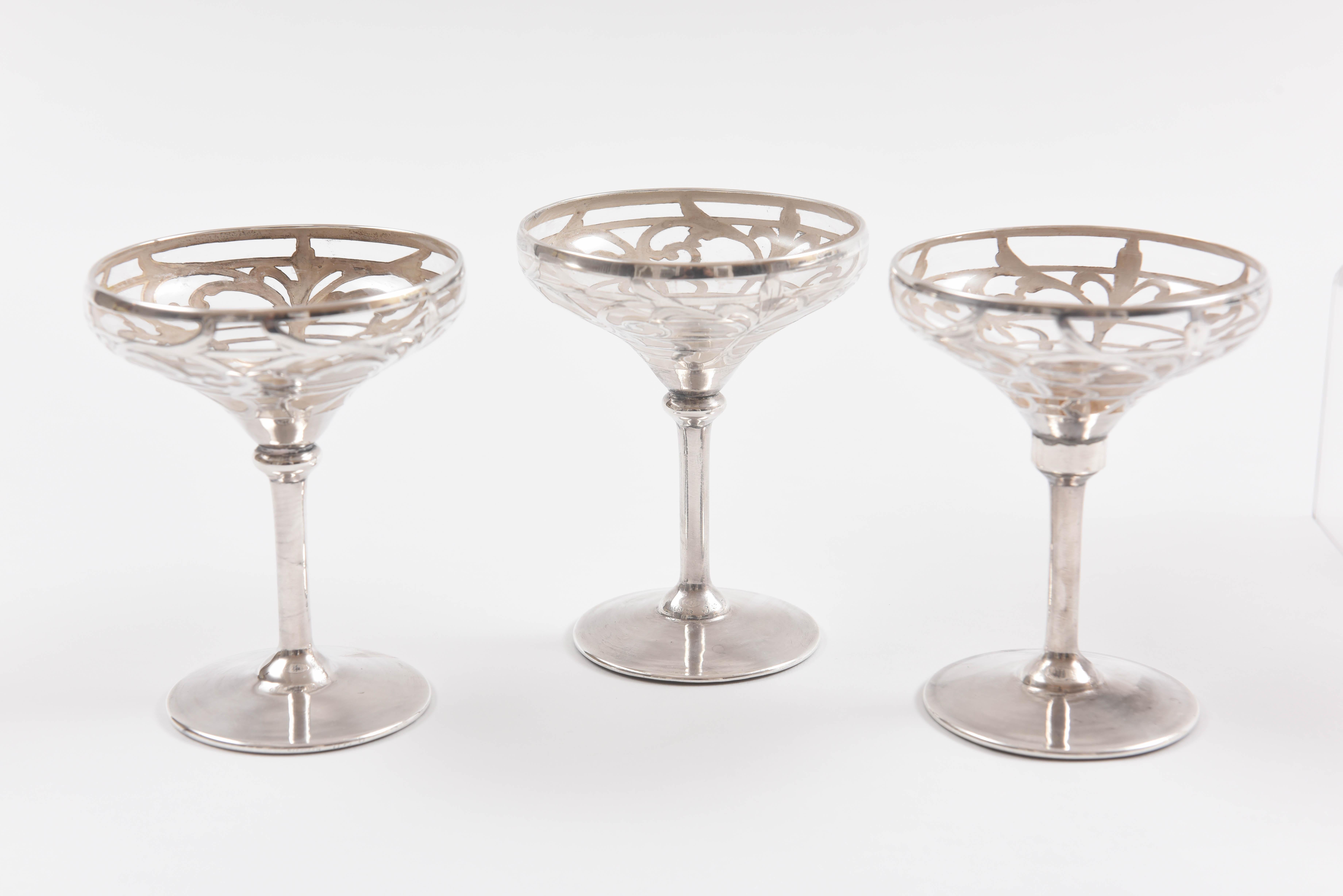 Six Sterling Overlay Champagne Coupes, Antique Art Nouveau 3