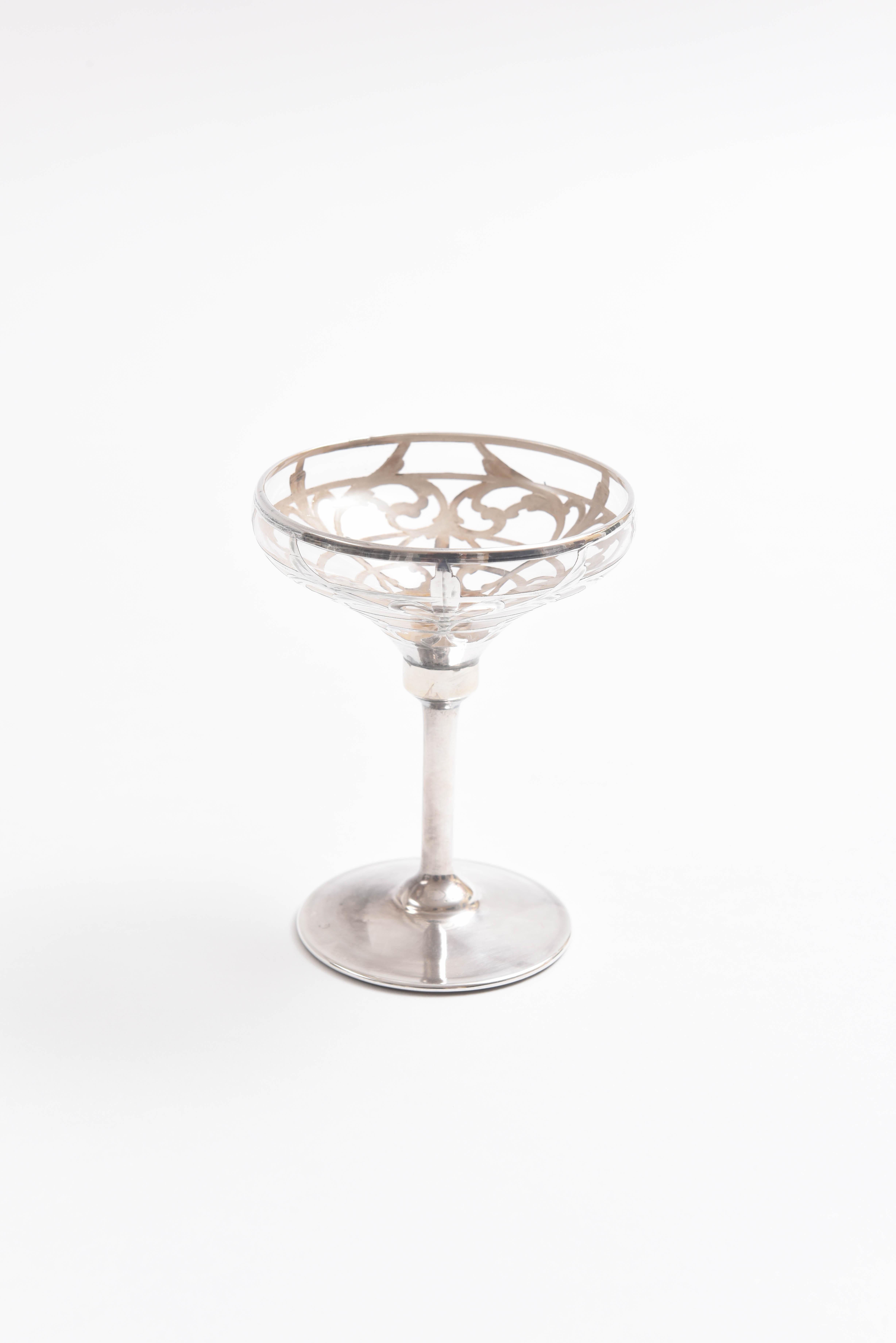 American Six Sterling Overlay Champagne Coupes, Antique Art Nouveau