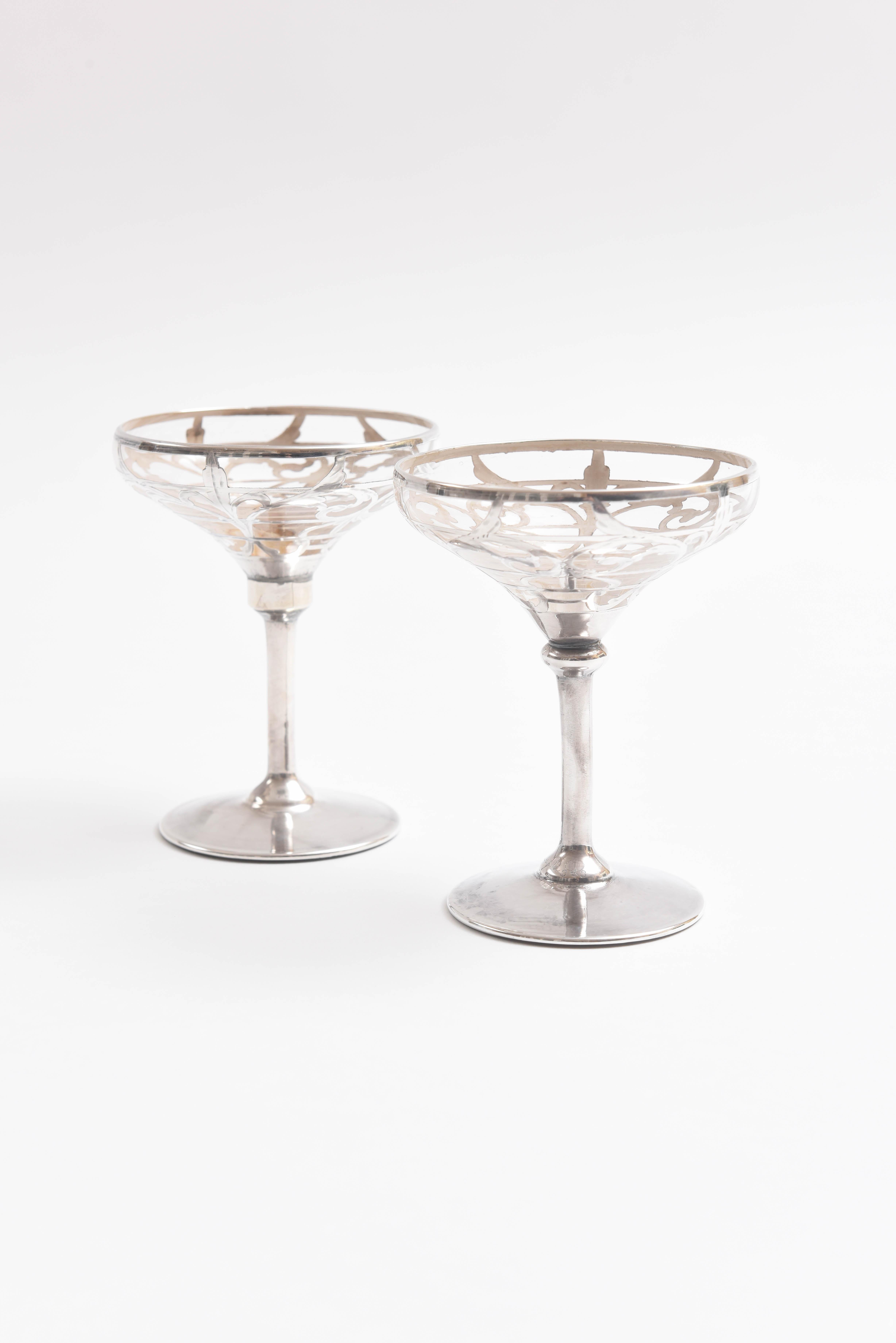 Hand-Crafted Six Sterling Overlay Champagne Coupes, Antique Art Nouveau