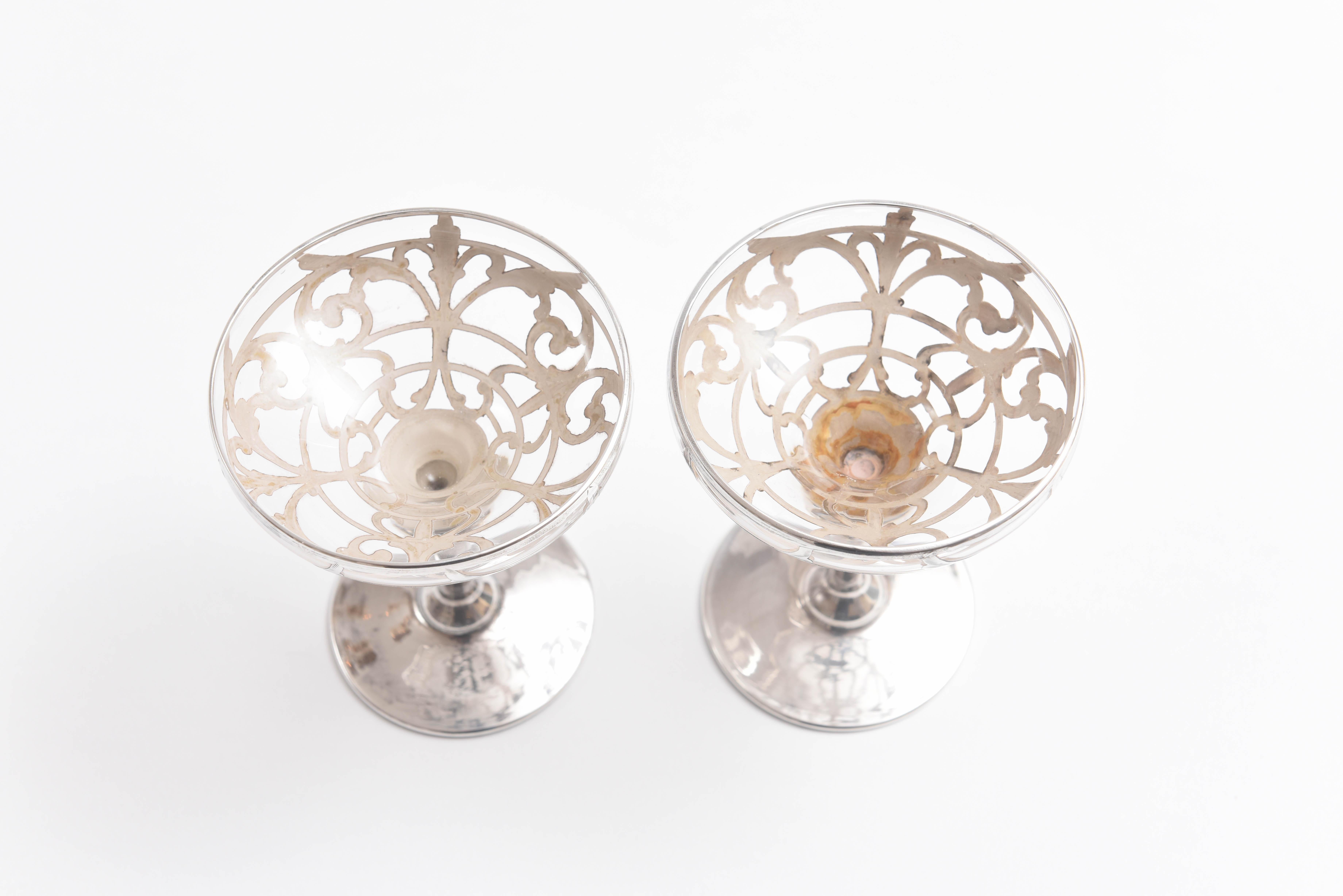 Six Sterling Overlay Champagne Coupes, Antique Art Nouveau In Good Condition In West Palm Beach, FL