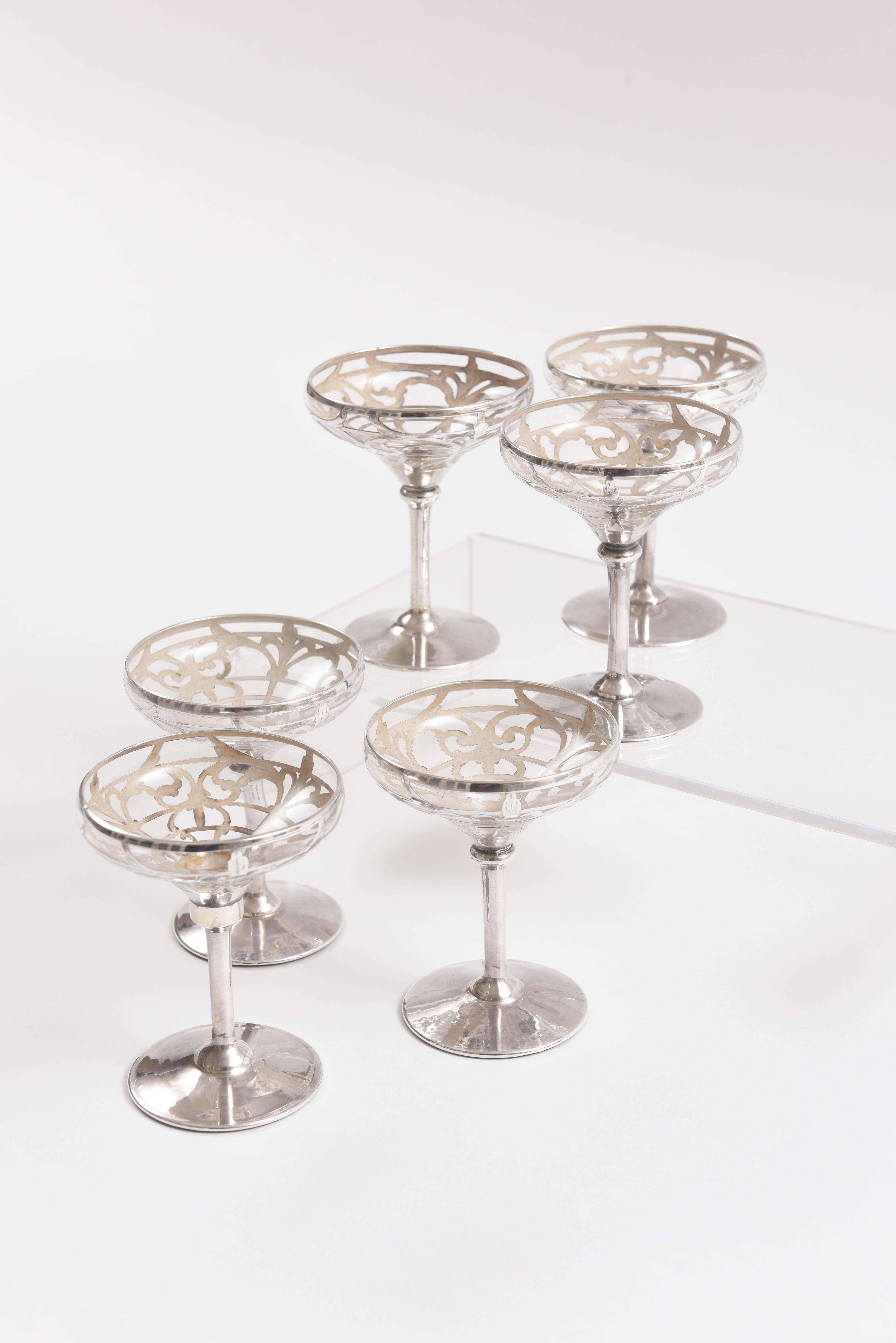 Early 20th Century Six Sterling Overlay Champagne Coupes, Antique Art Nouveau