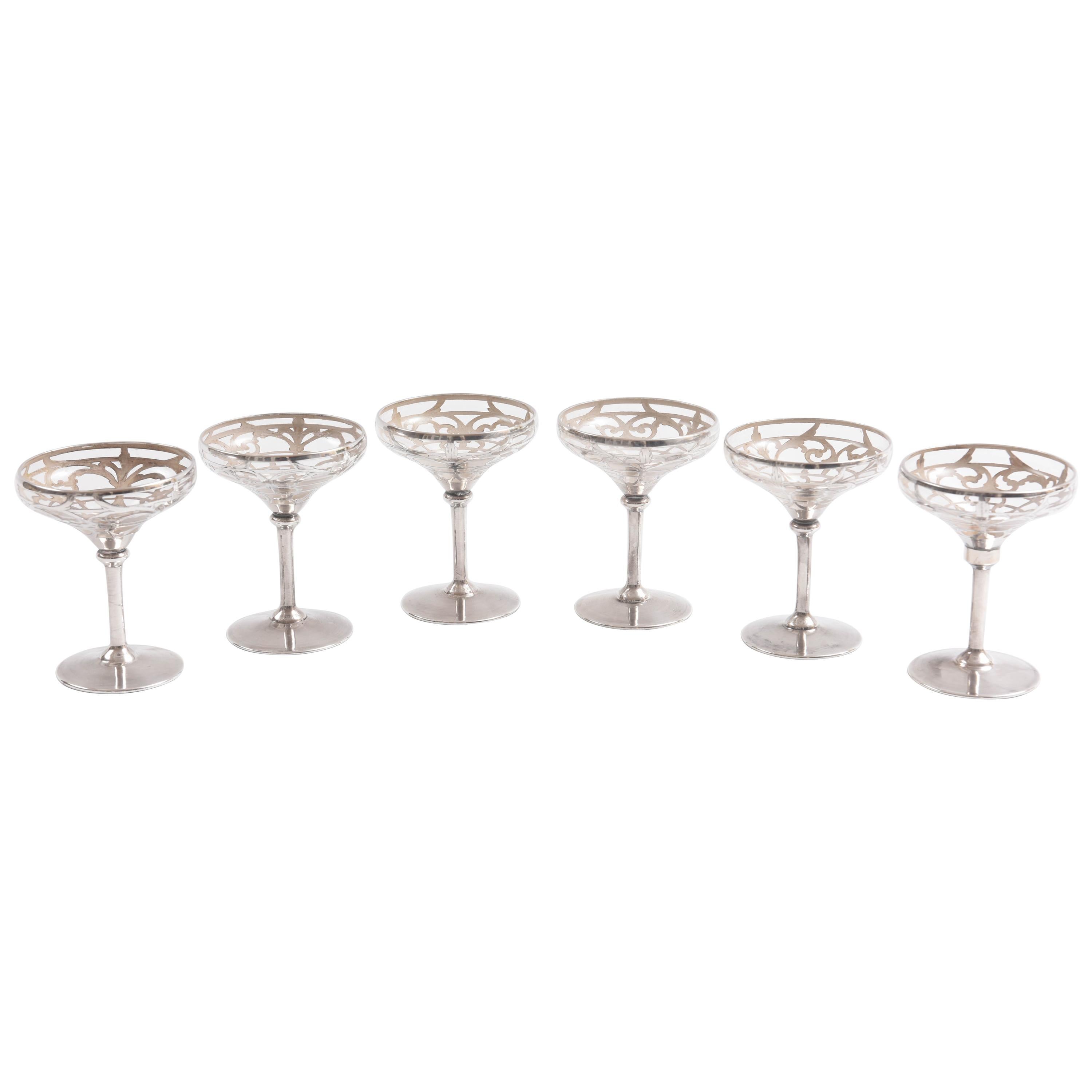 Six Sterling Overlay Champagne Coupes, Antique Art Nouveau