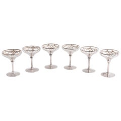 Six Sterling Overlay Champagne Coupes, Antique Art Nouveau