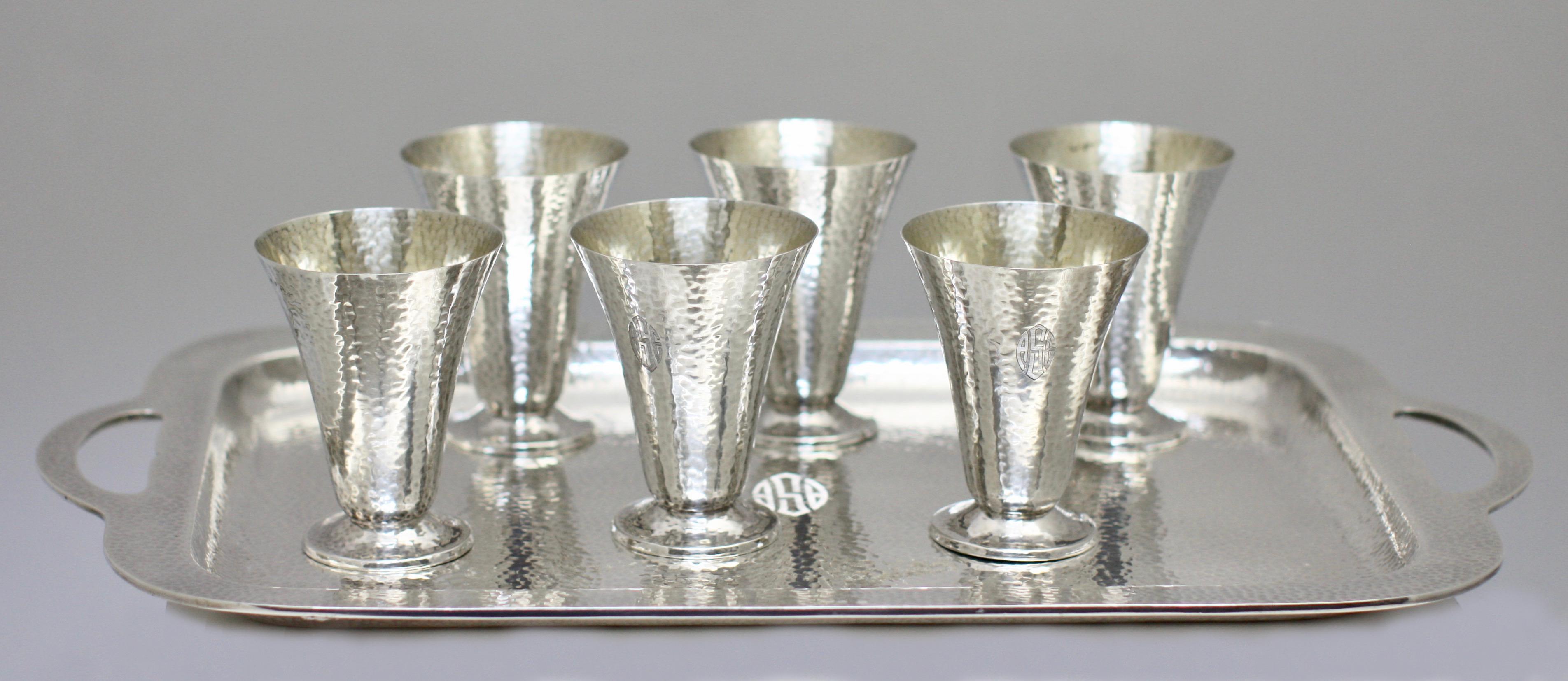 20th Century Six Sterling Silver Gorham Cocktail Cups and a Sterling Silver Tray For Sale