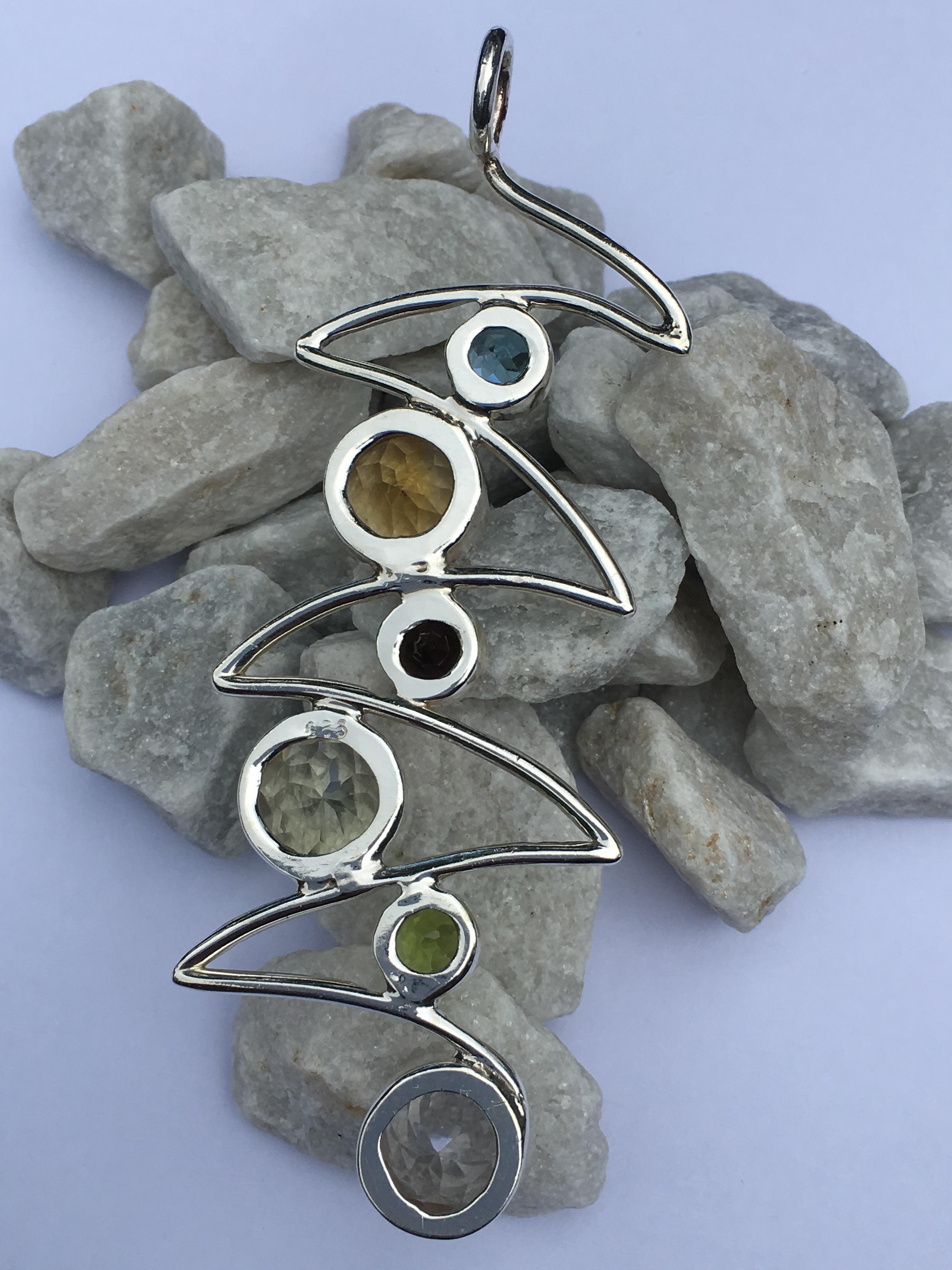 Six Stones Wave Pendant Set in Sterling Silver For Sale 5