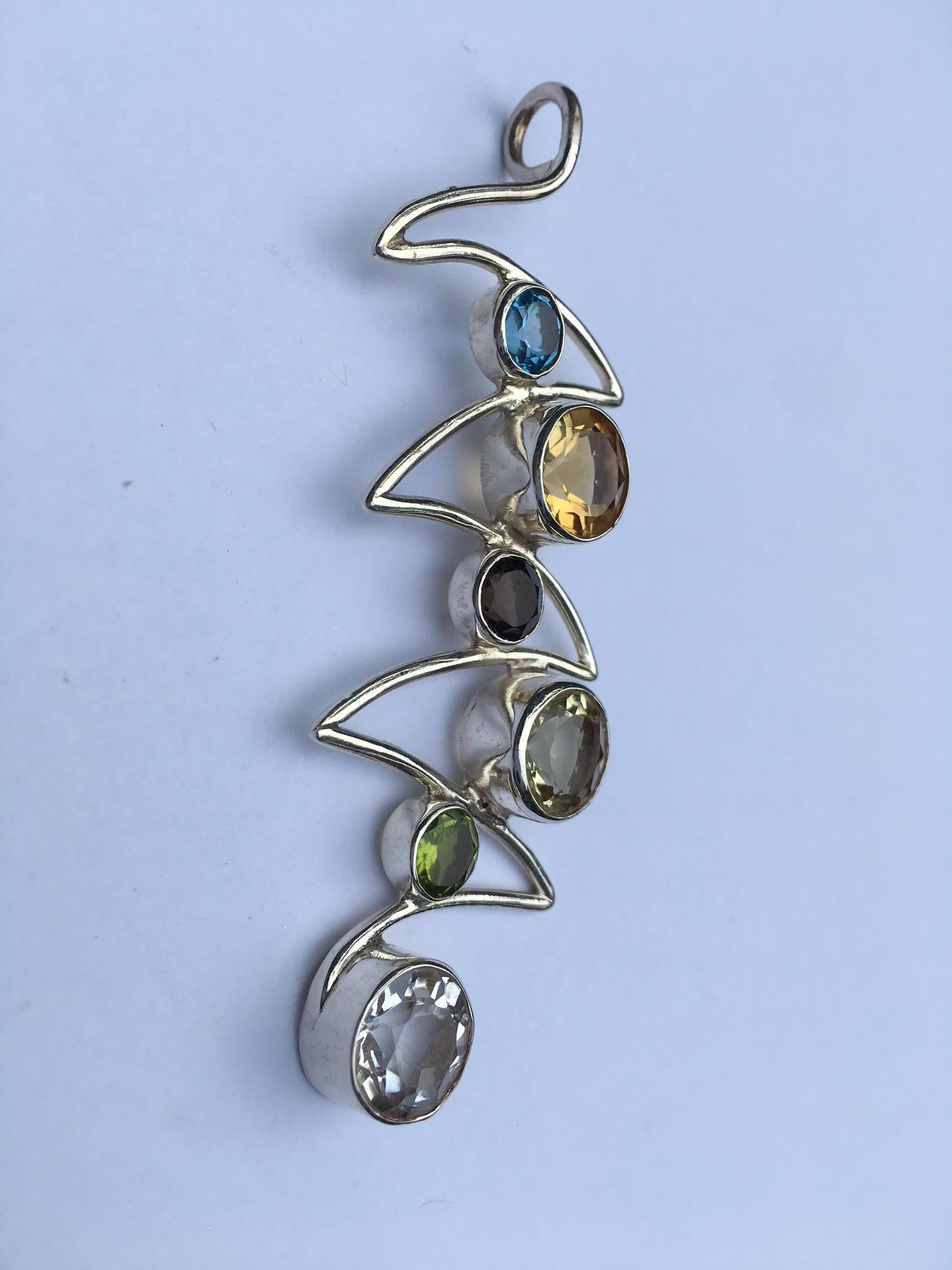 Women's or Men's Six Stones Wave Pendant Set in Sterling Silver For Sale